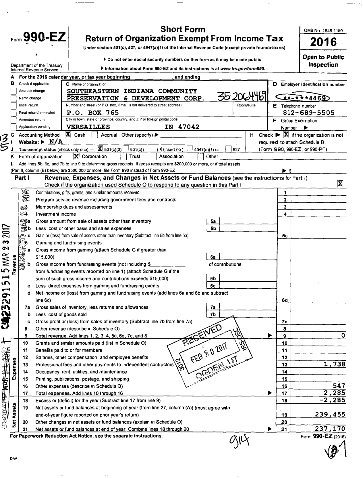 Image of first page of 2016 Form 990EZ for Southeastern Indiana Community Preservation and Development Corporation