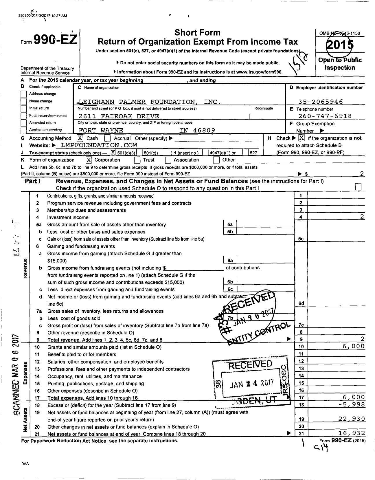 Image of first page of 2015 Form 990EZ for Leighann Palmer Foundation