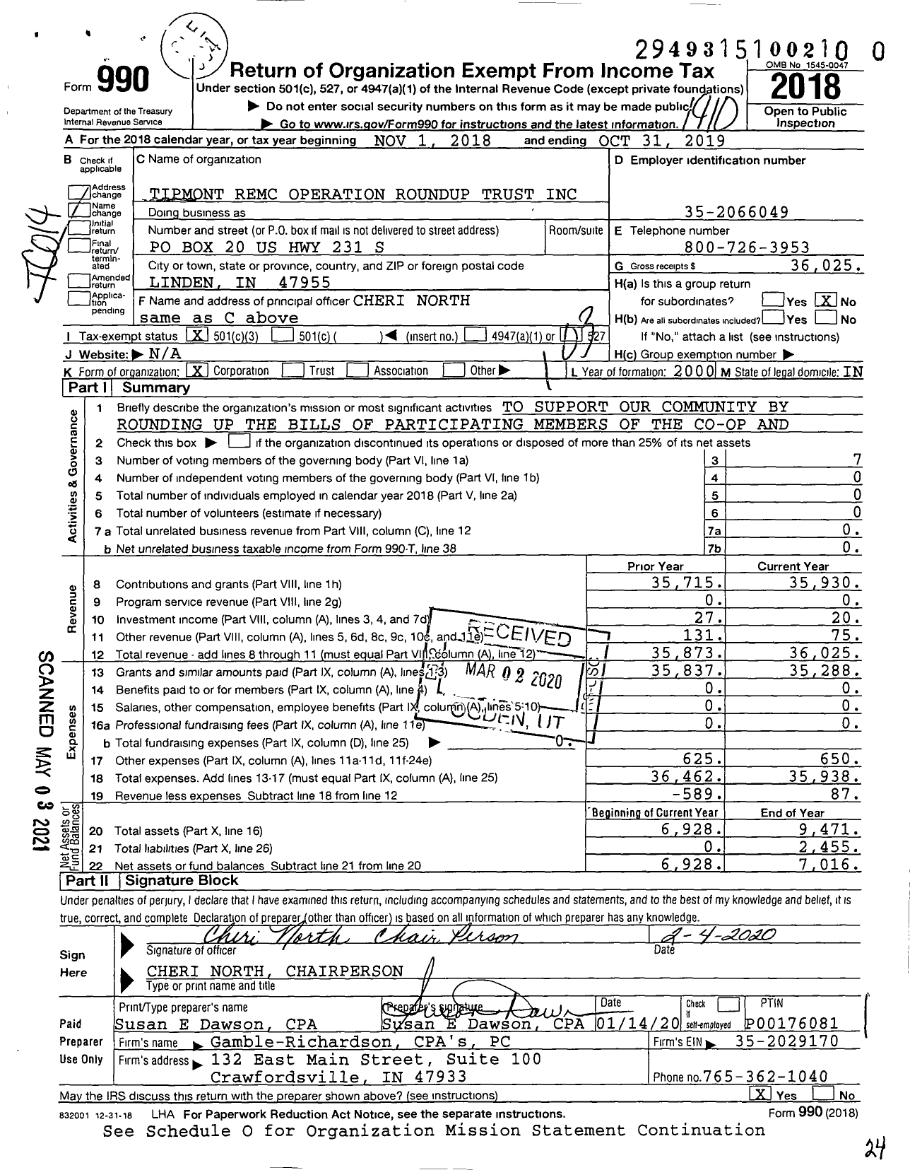 Image of first page of 2018 Form 990 for Tipmont Remc Operation Roundup Trust