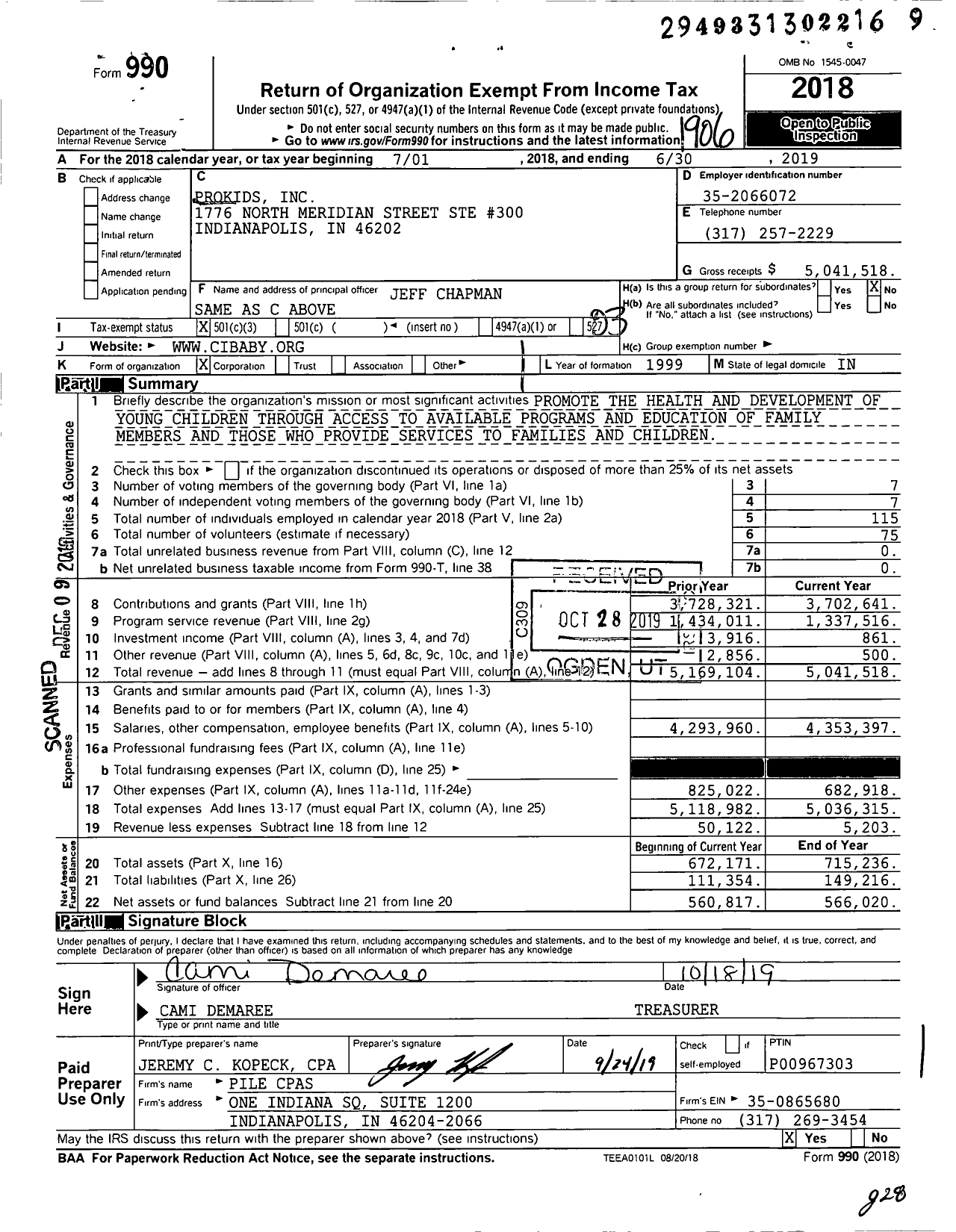 Image of first page of 2018 Form 990 for ProKids