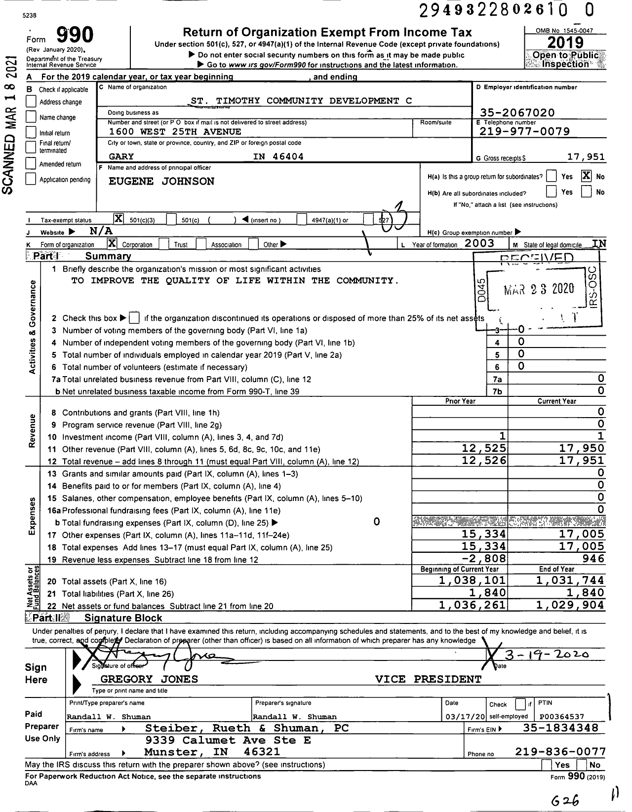 Image of first page of 2019 Form 990 for St Timothy Community Development C