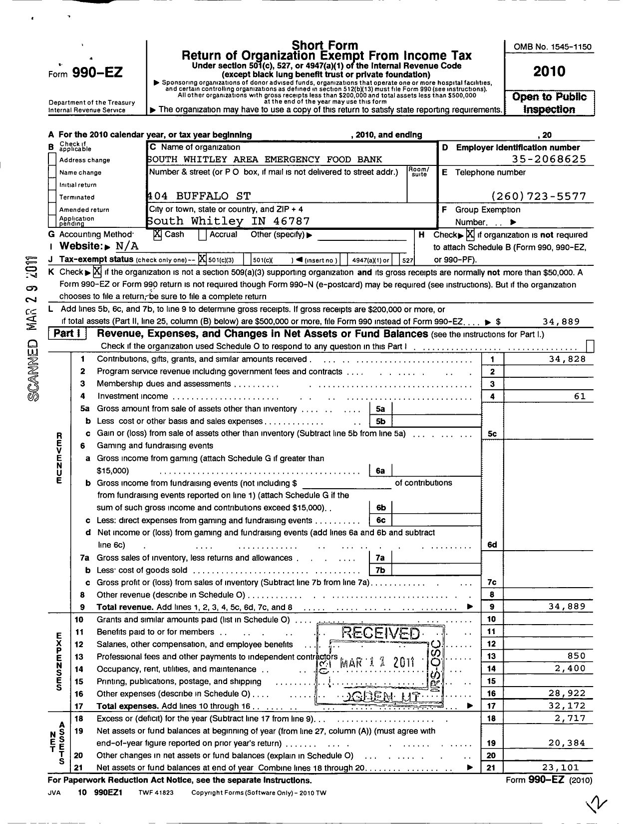 Image of first page of 2010 Form 990EZ for South Whitley Area Food Bank