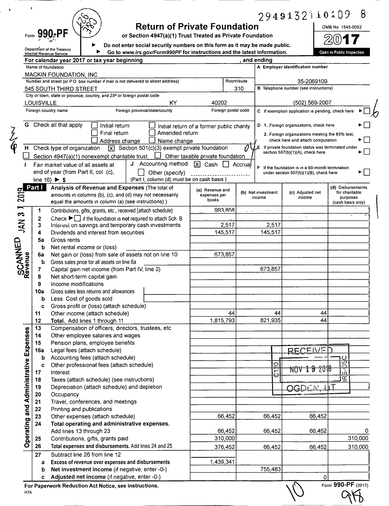 Image of first page of 2017 Form 990PF for Mackin Foundation