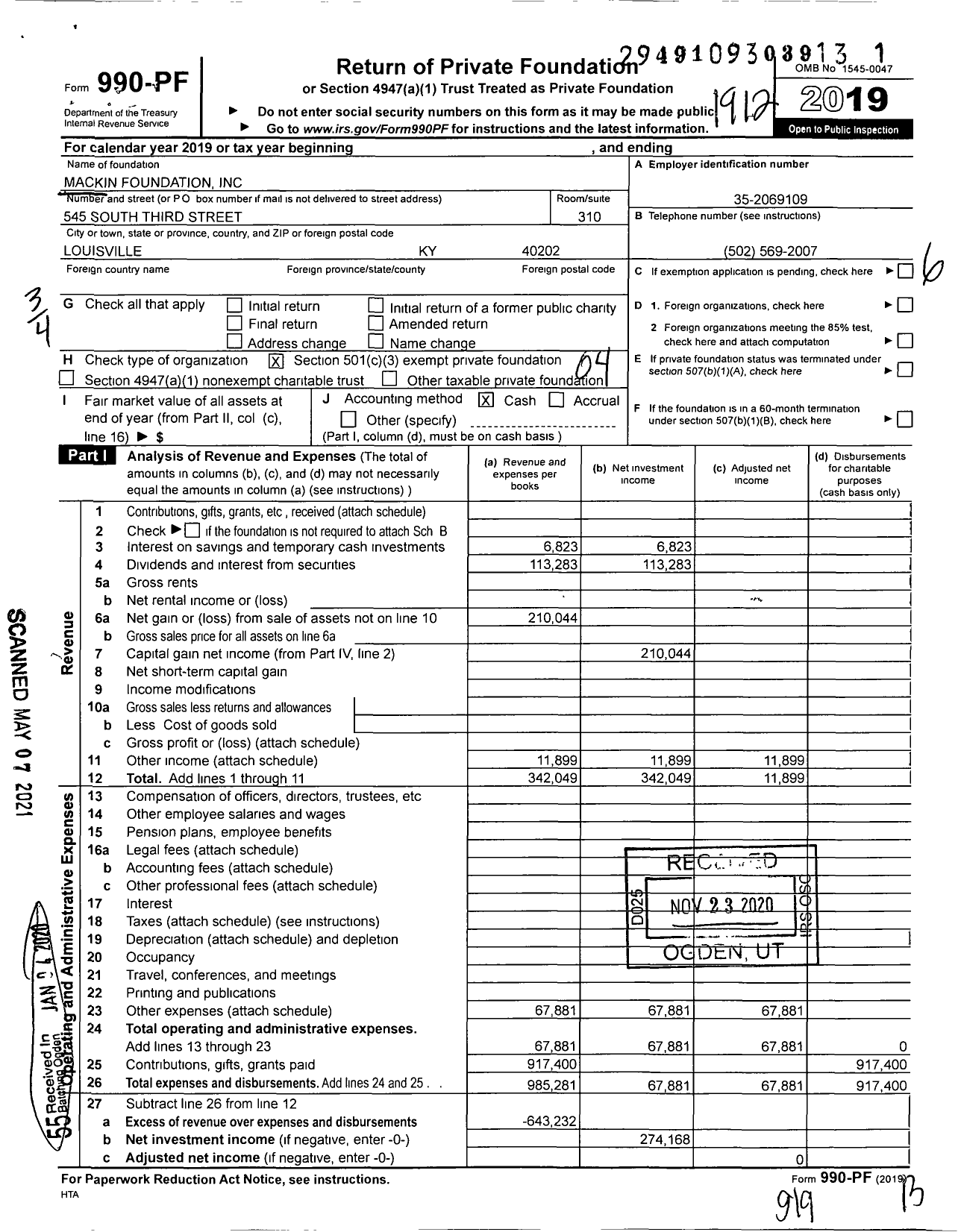 Image of first page of 2019 Form 990PF for Mackin Foundation