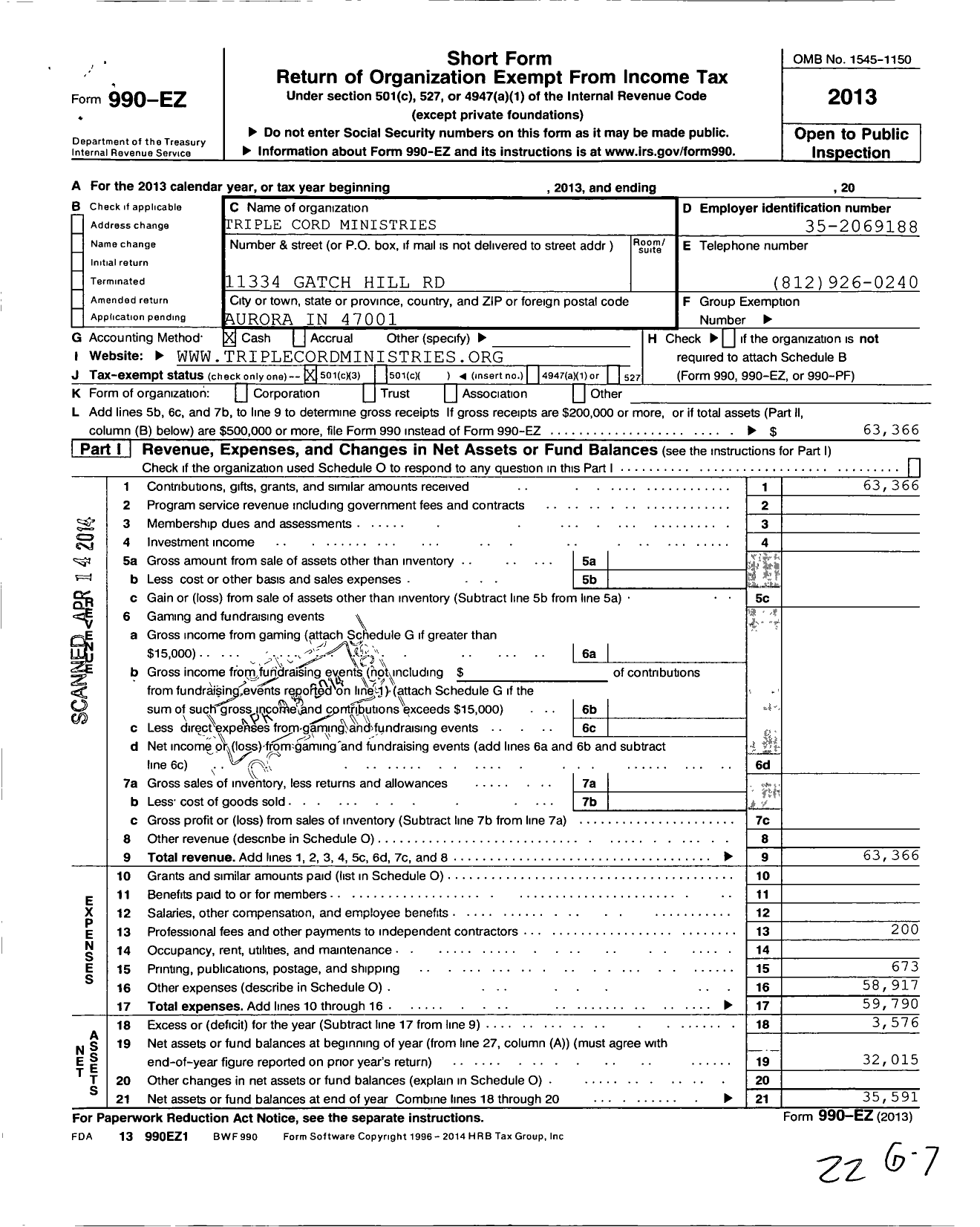 Image of first page of 2013 Form 990EZ for Triple Cord Ministries