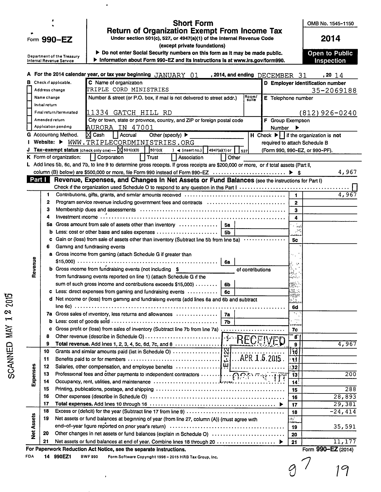 Image of first page of 2014 Form 990EZ for Triple Cord Ministries