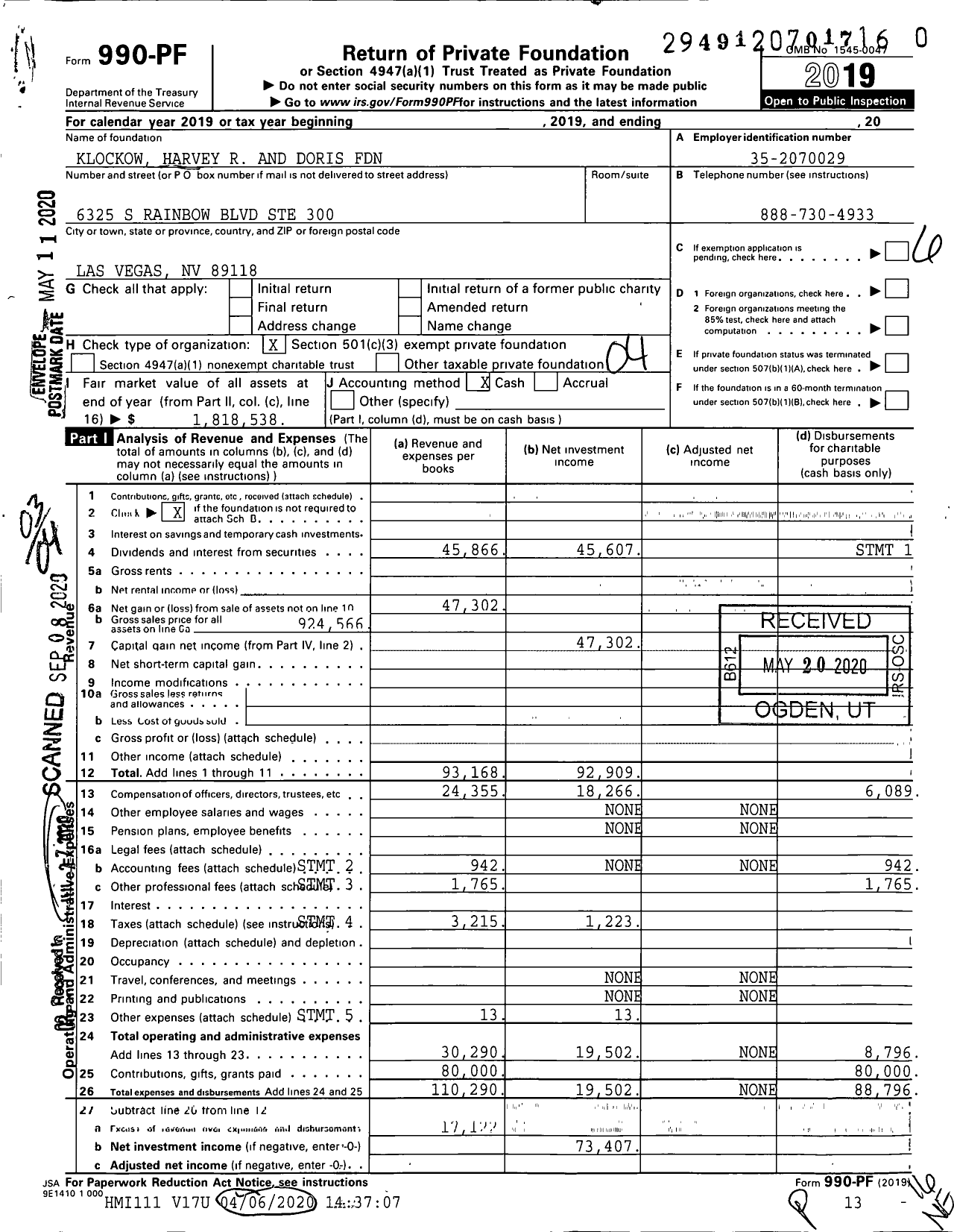 Image of first page of 2019 Form 990PR for Klockow Harvey R and Doris Foundation