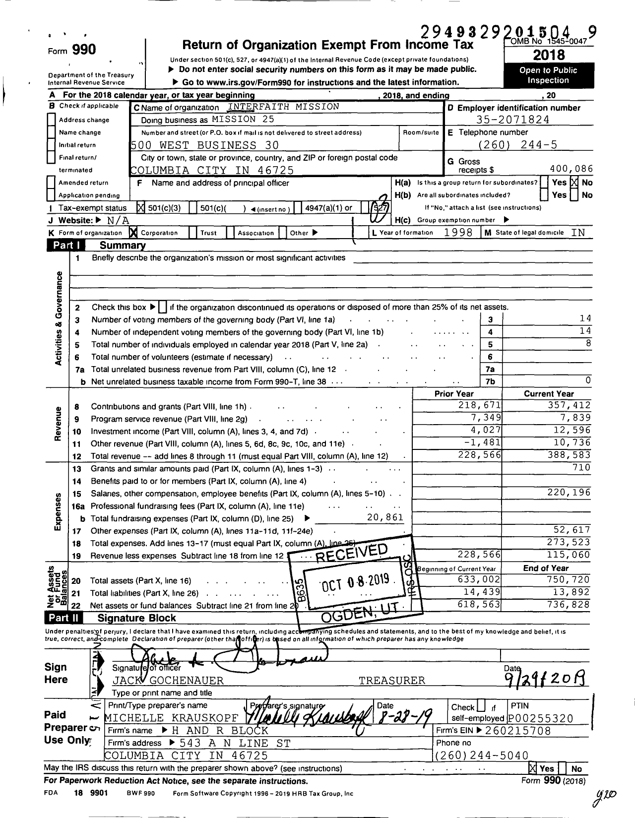 Image of first page of 2018 Form 990 for Mission25