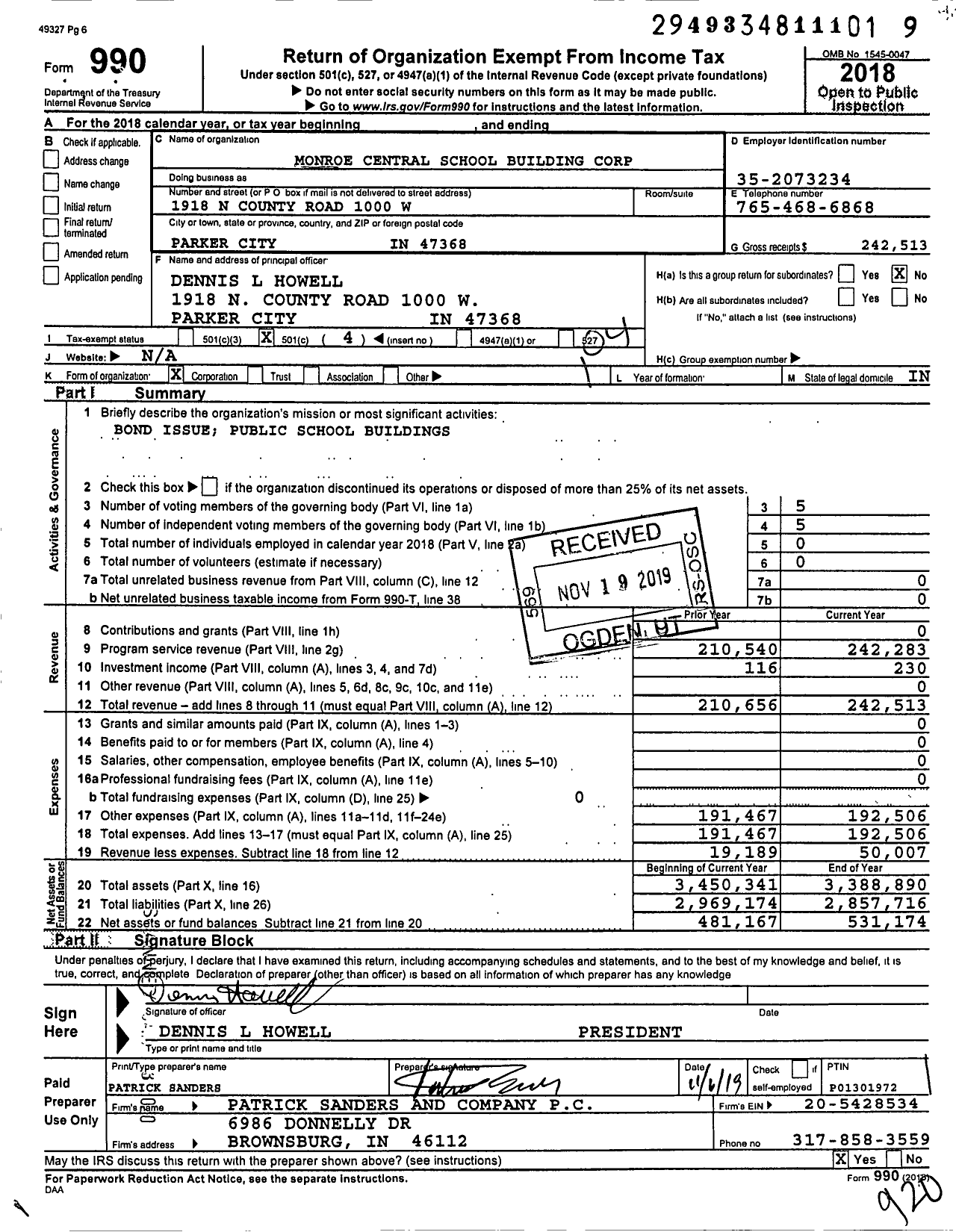 Image of first page of 2018 Form 990O for Monroe Central School Building Corporation