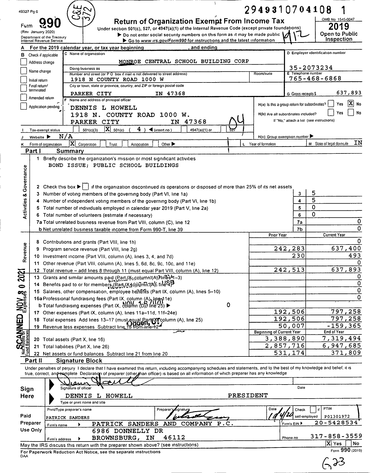Image of first page of 2019 Form 990O for Monroe Central School Building Corporation