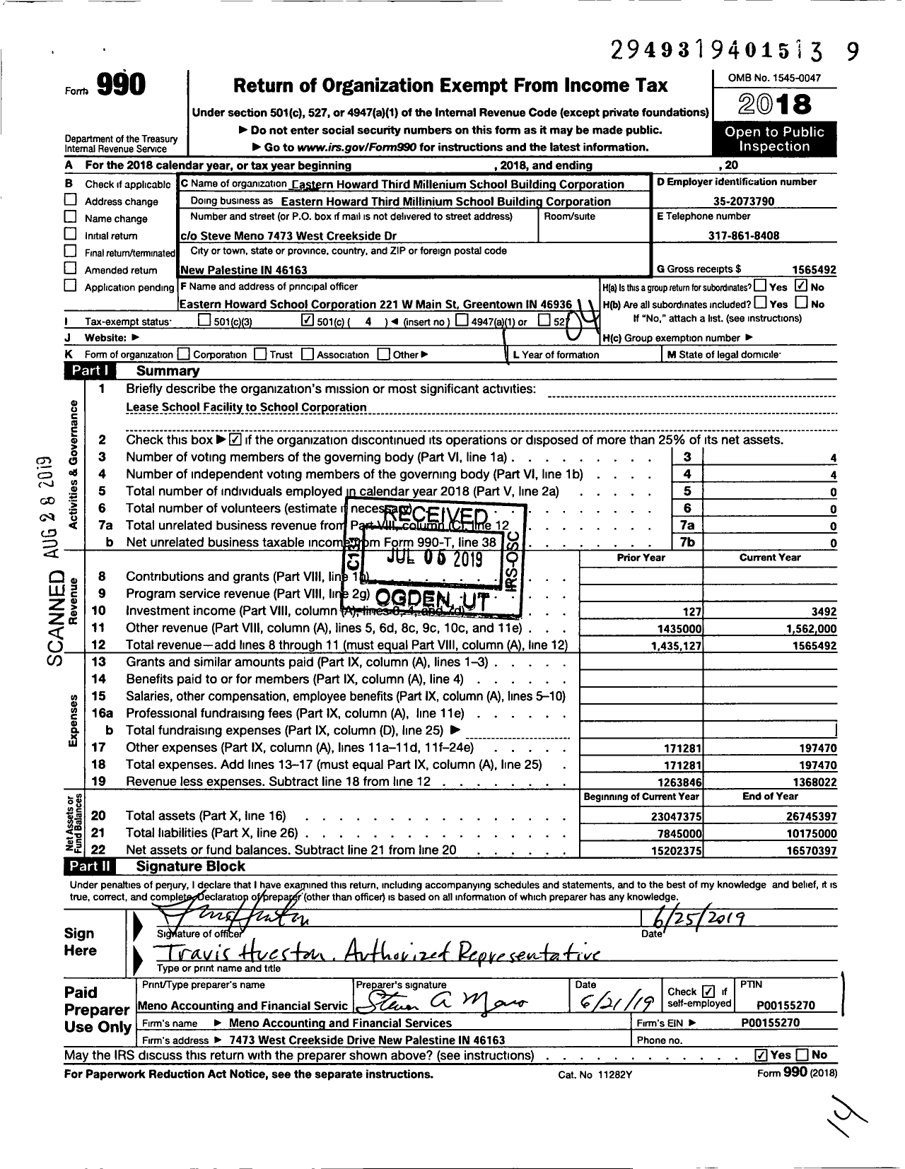 Image of first page of 2018 Form 990O for Eastern Howard Third Millenium School Building Corporation