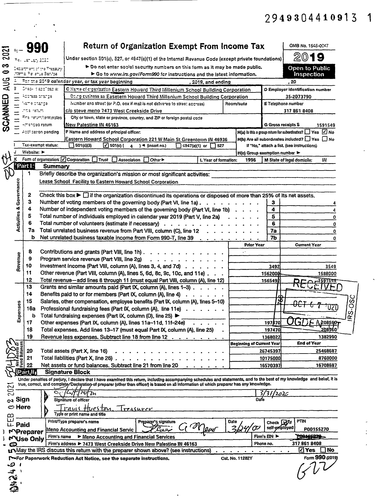 Image of first page of 2019 Form 990O for Eastern Howard Third Millenium School Building Corporation