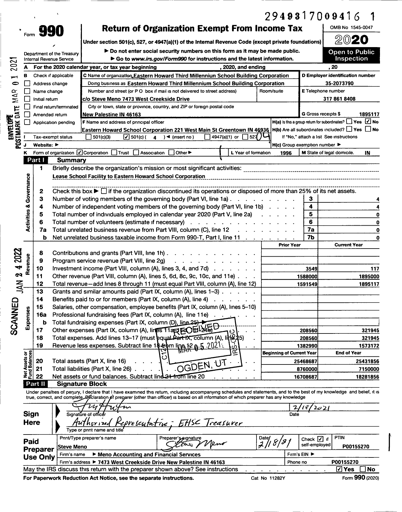 Image of first page of 2020 Form 990O for Eastern Howard Third Millenium School Building Corporation