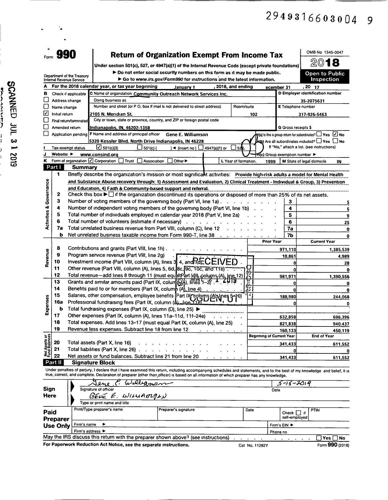 Image of first page of 2018 Form 990 for Community Outreach Network Services