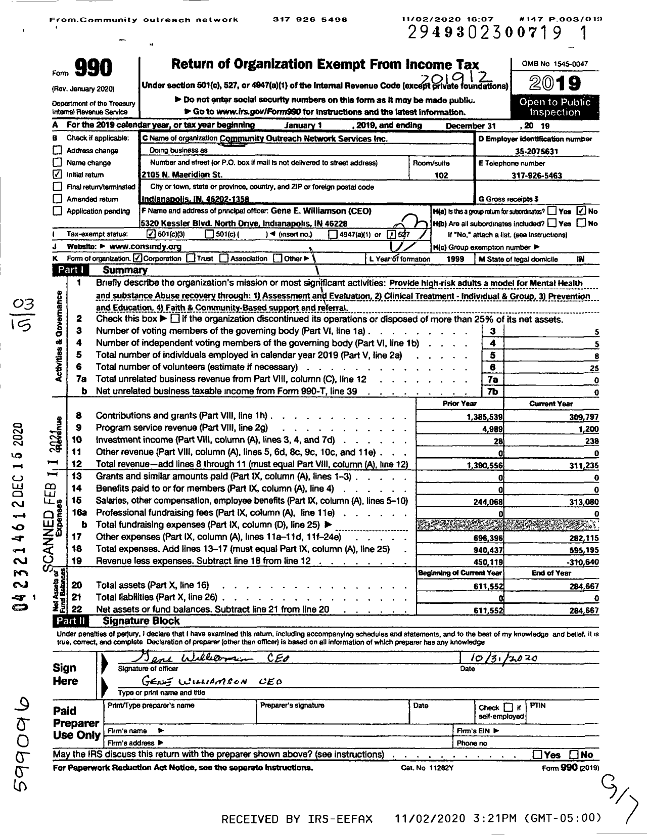 Image of first page of 2019 Form 990 for Community Outreach Network Services