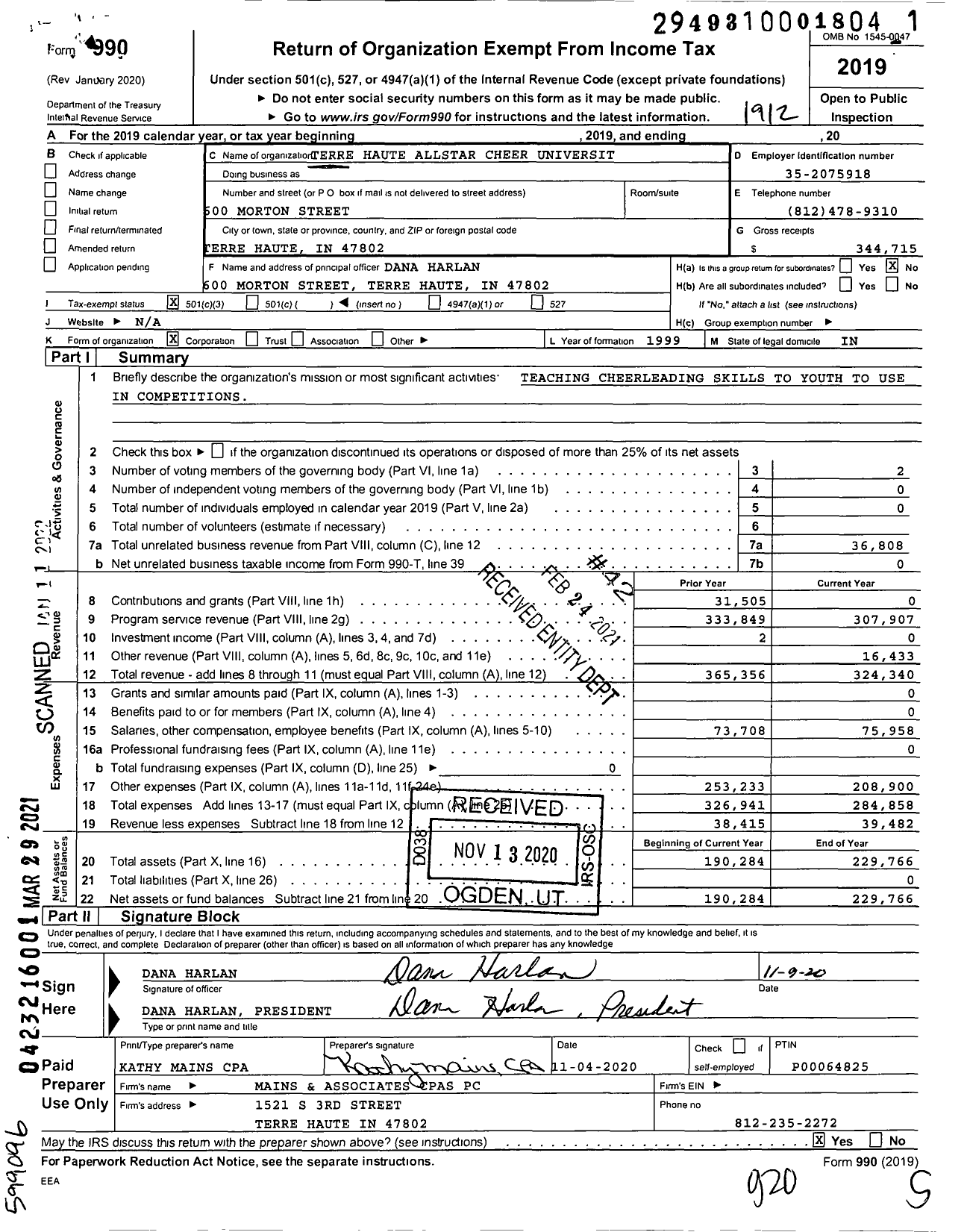 Image of first page of 2019 Form 990 for Terre Haute Allstar Cheer Universit