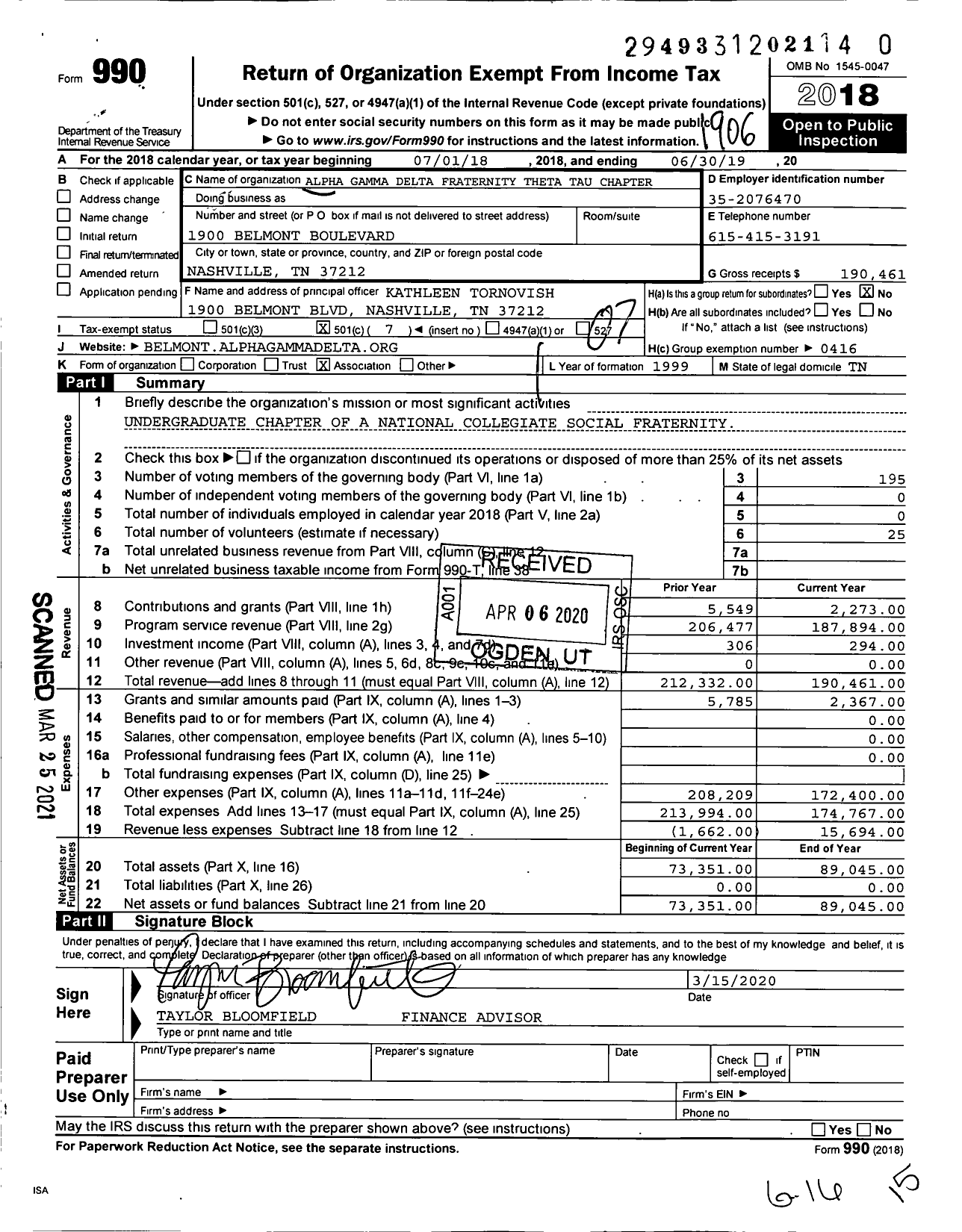 Image of first page of 2018 Form 990O for Alpha Gamma Delta Fraternity - Theta Tau Chapter