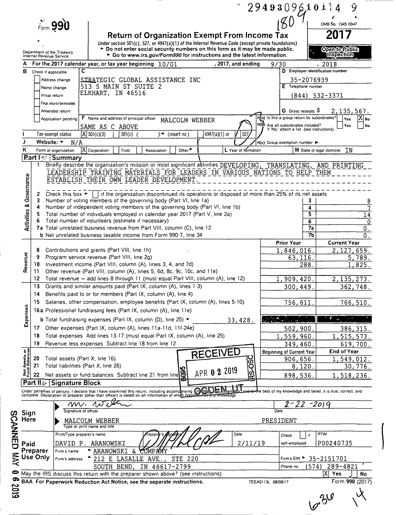 Image of first page of 2017 Form 990 for Strategic Global Assistance