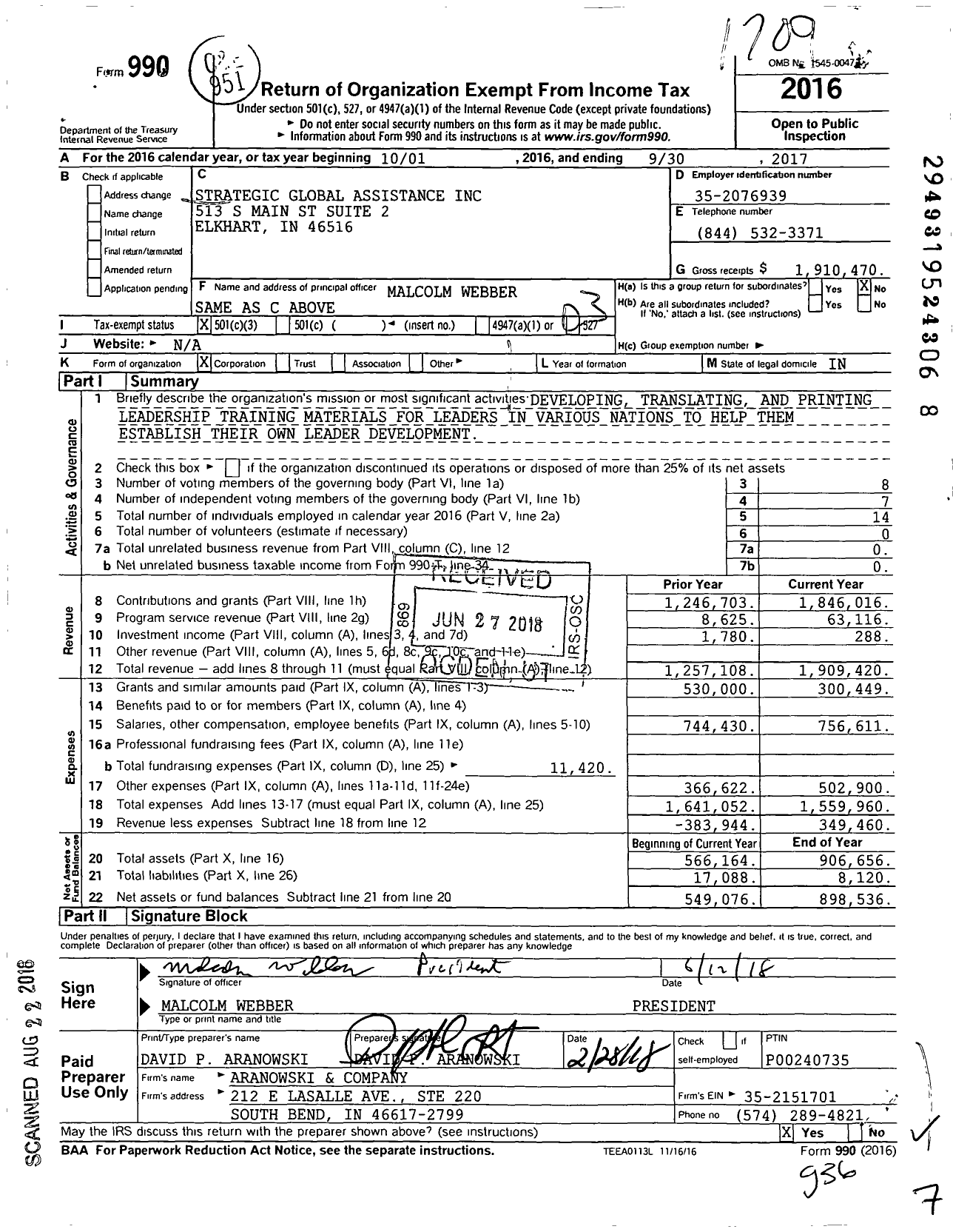 Image of first page of 2016 Form 990 for Strategic Global Assistance