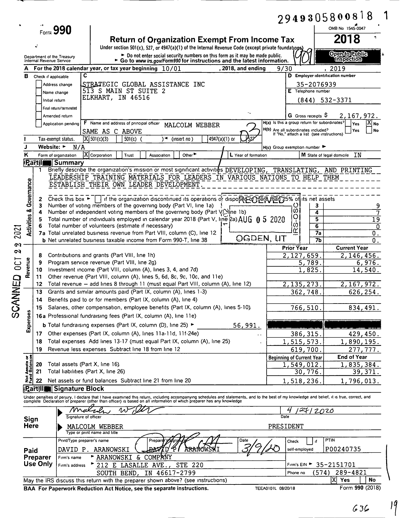 Image of first page of 2018 Form 990 for Strategic Global Assistance