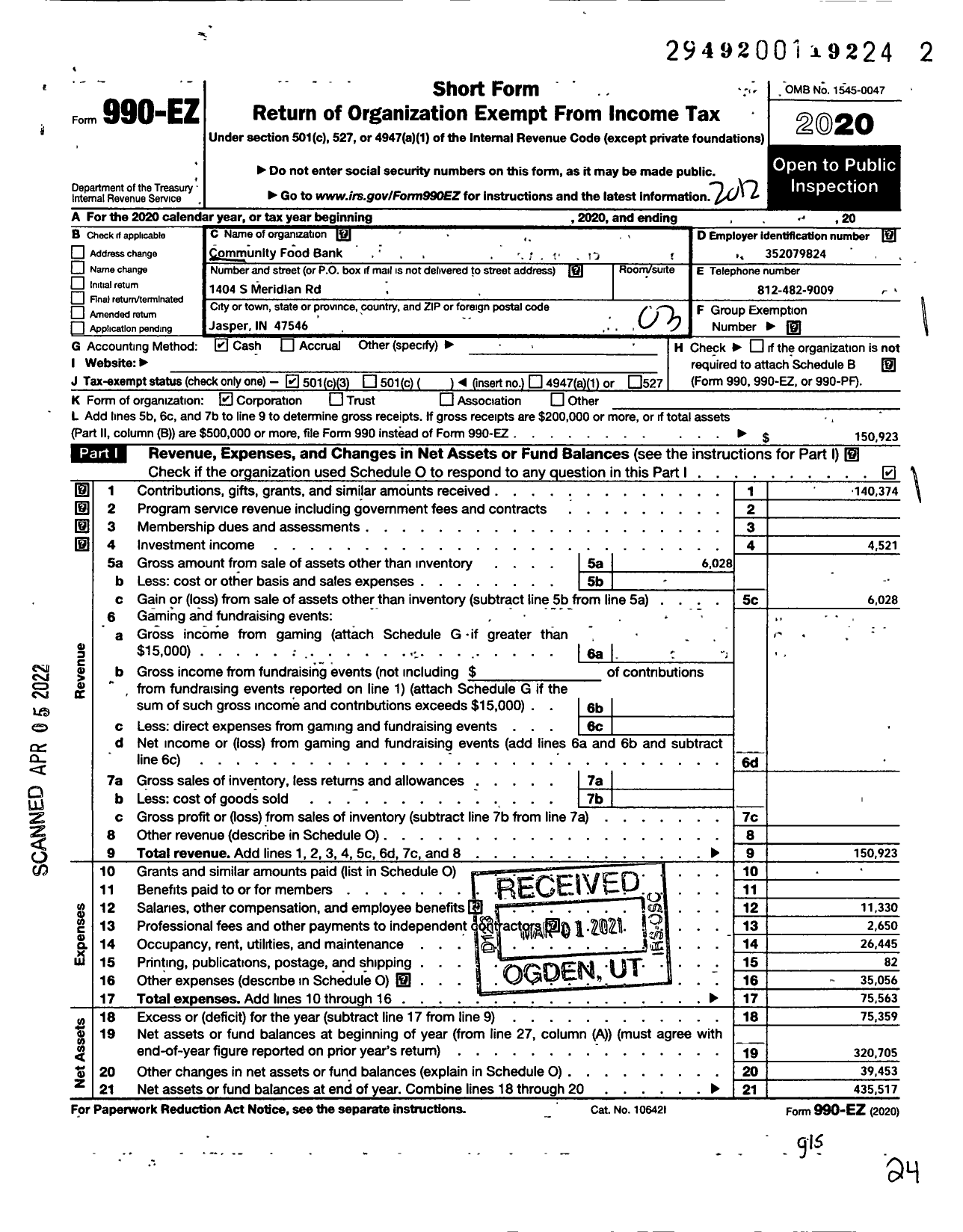 Image of first page of 2020 Form 990EZ for Community Food Bank