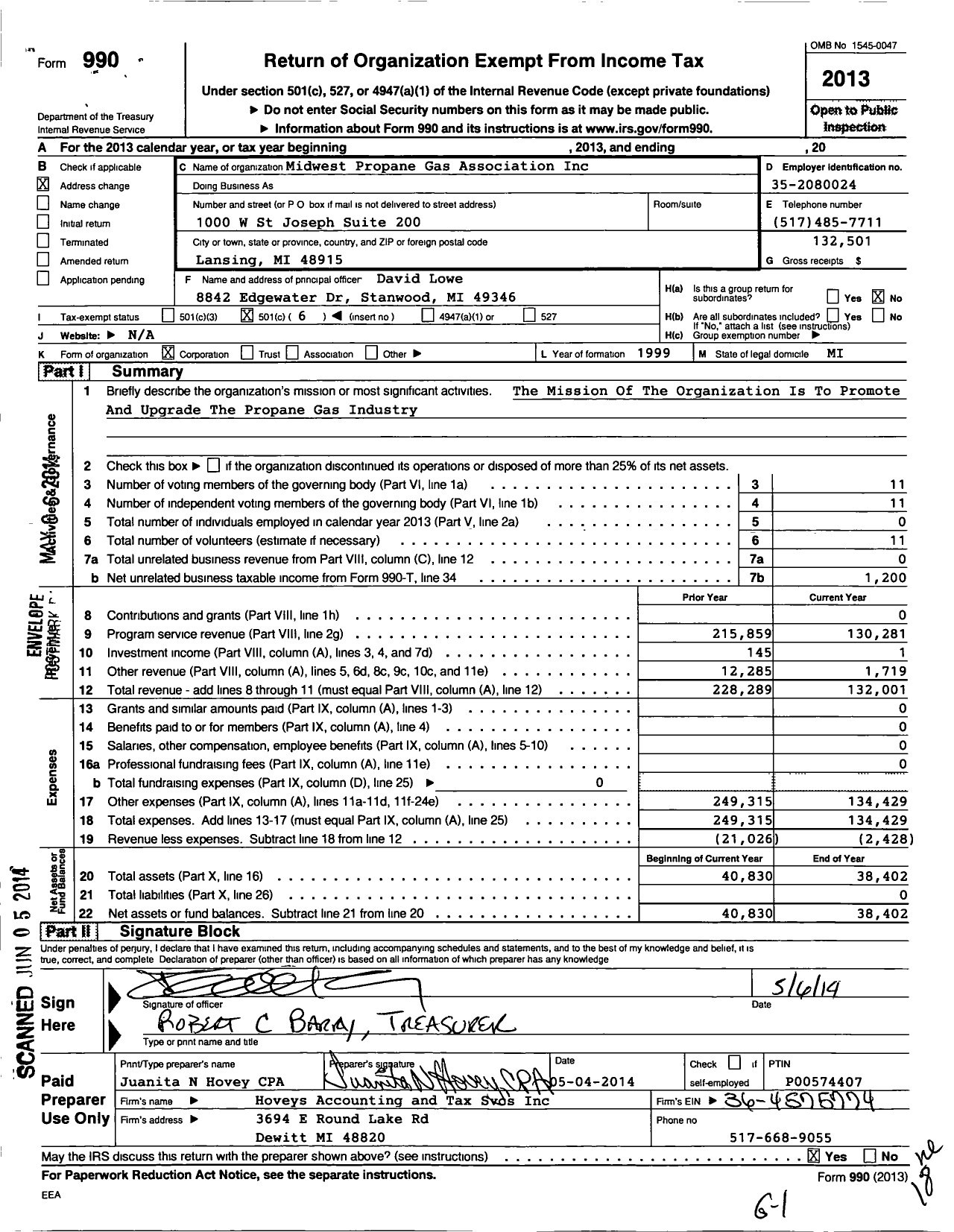Image of first page of 2013 Form 990O for Midwest Propane Gas Association
