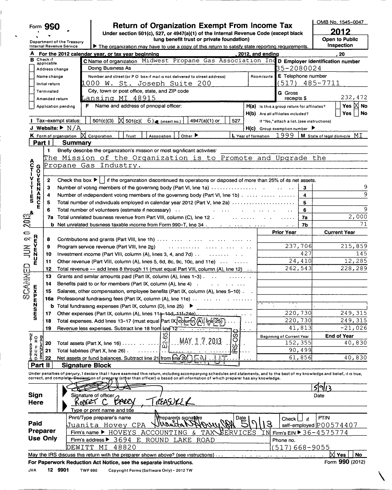 Image of first page of 2012 Form 990O for Midwest Propane Gas Association