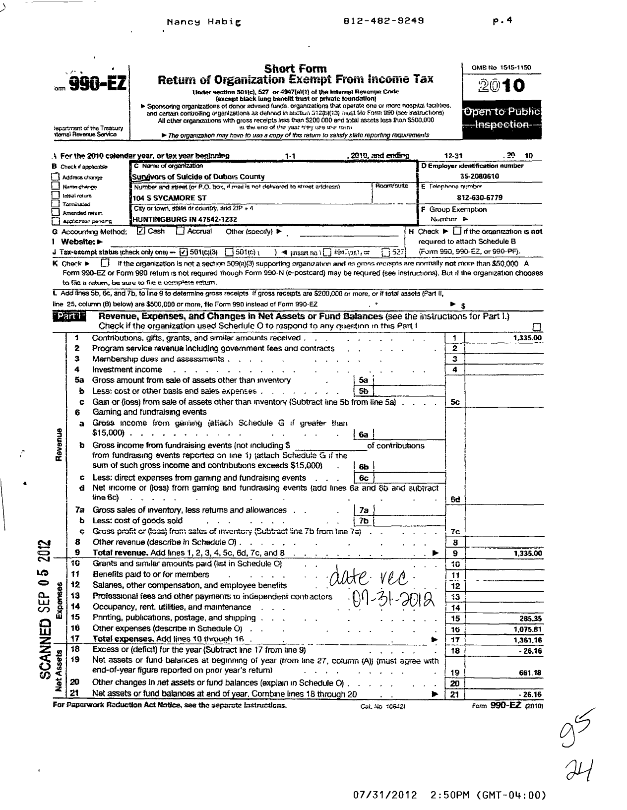 Image of first page of 2010 Form 990EZ for Survivors of Suicide of Dubois County