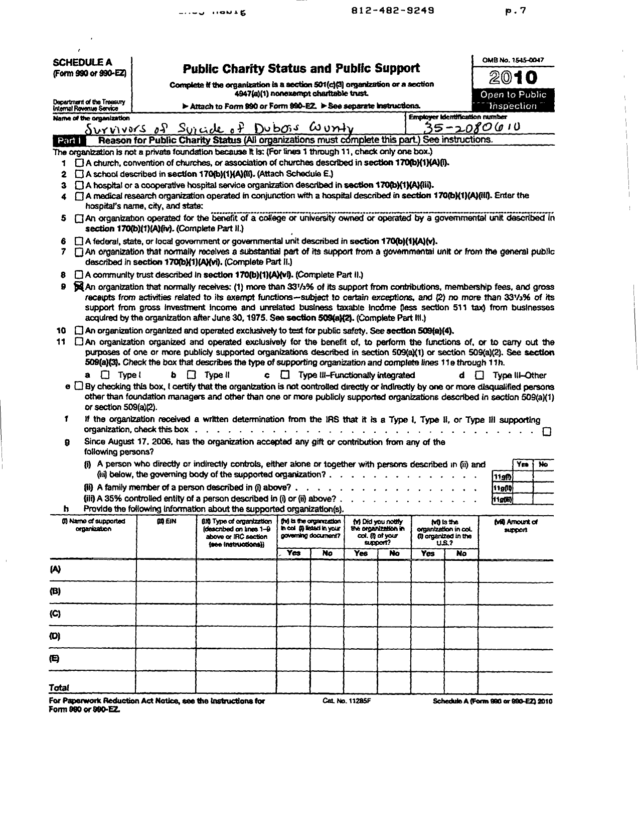 Image of first page of 2010 Form 990ER for Survivors of Suicide of Dubois County