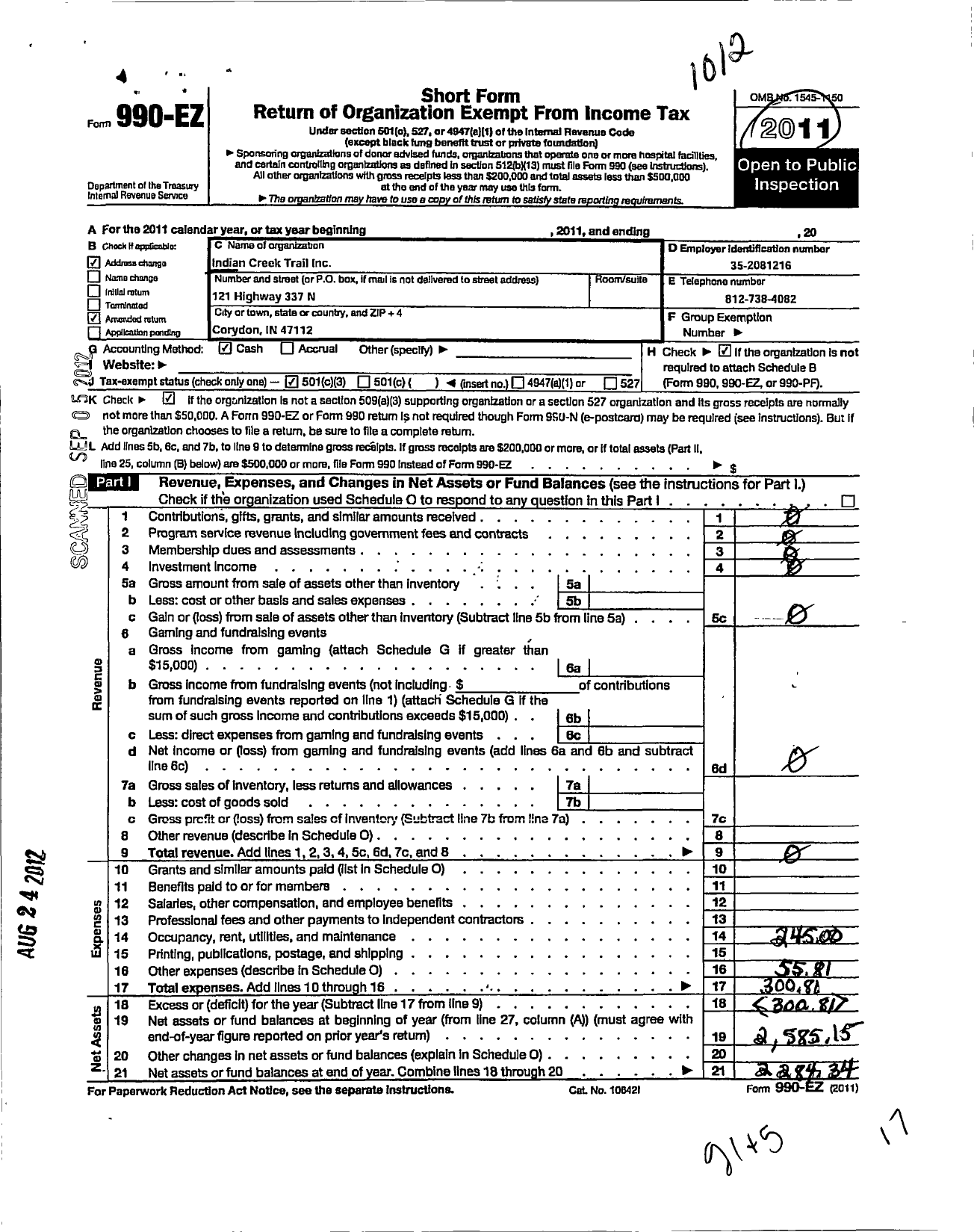 Image of first page of 2010 Form 990EZ for Indian Creek Trail