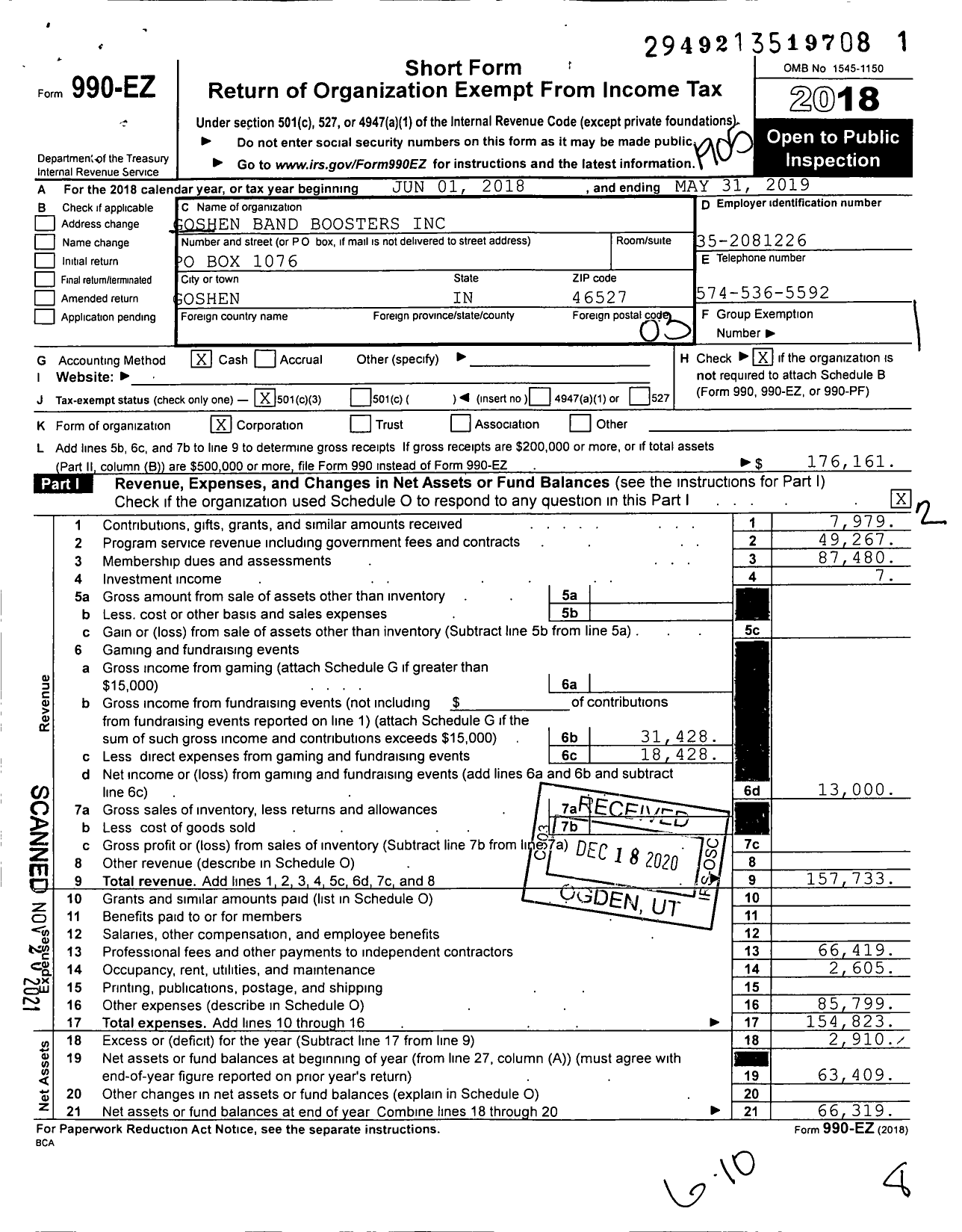 Image of first page of 2018 Form 990EZ for Goshen Band Boosters