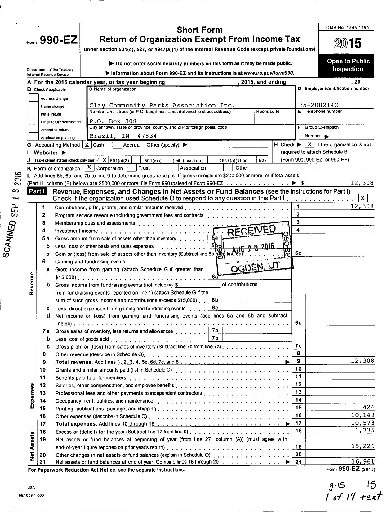 Image of first page of 2015 Form 990EZ for Clay Community Parks Association