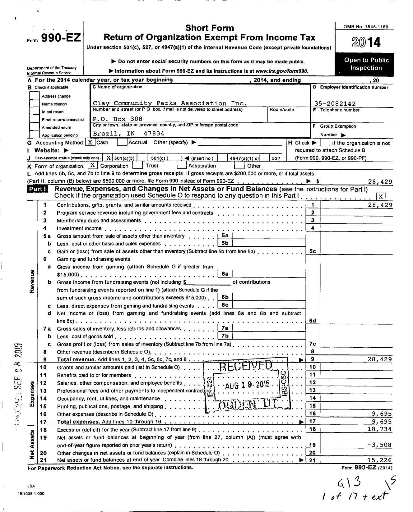 Image of first page of 2014 Form 990EZ for Clay Community Parks Association