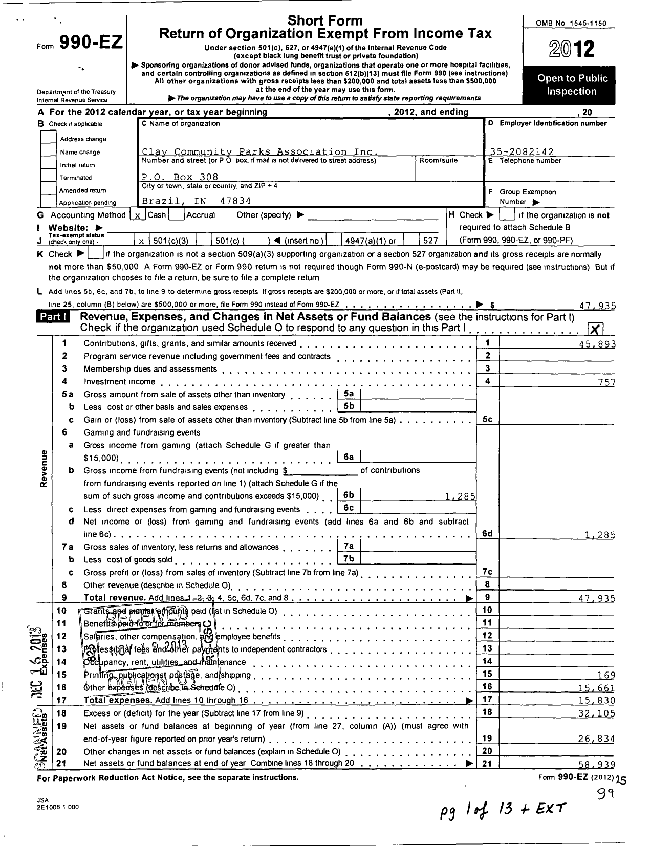 Image of first page of 2012 Form 990EZ for Clay Community Parks Association