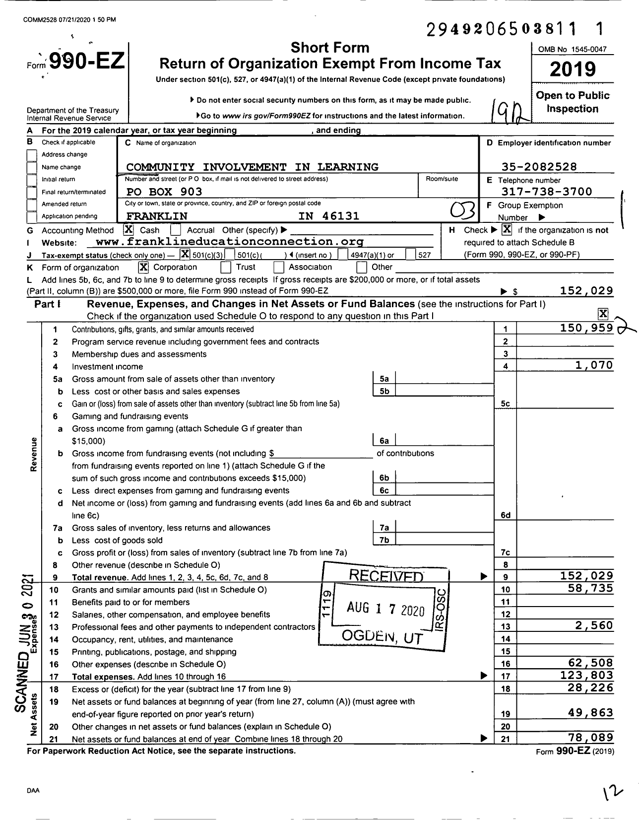 Image of first page of 2019 Form 990EZ for Community Involvement in Learning