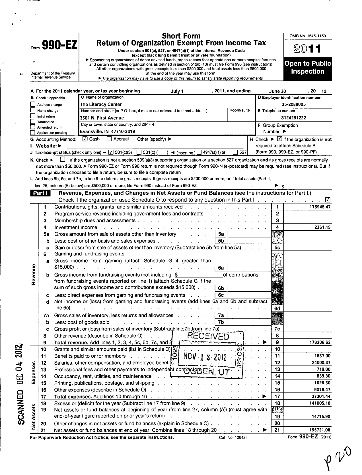 Image of first page of 2011 Form 990EZ for The Literacy Center