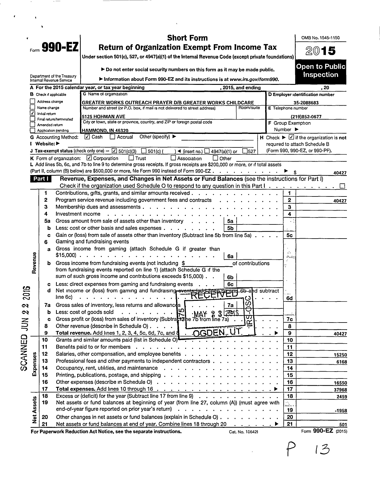 Image of first page of 2015 Form 990EZ for Greater Works Outreach Prayer and Deliverance Center