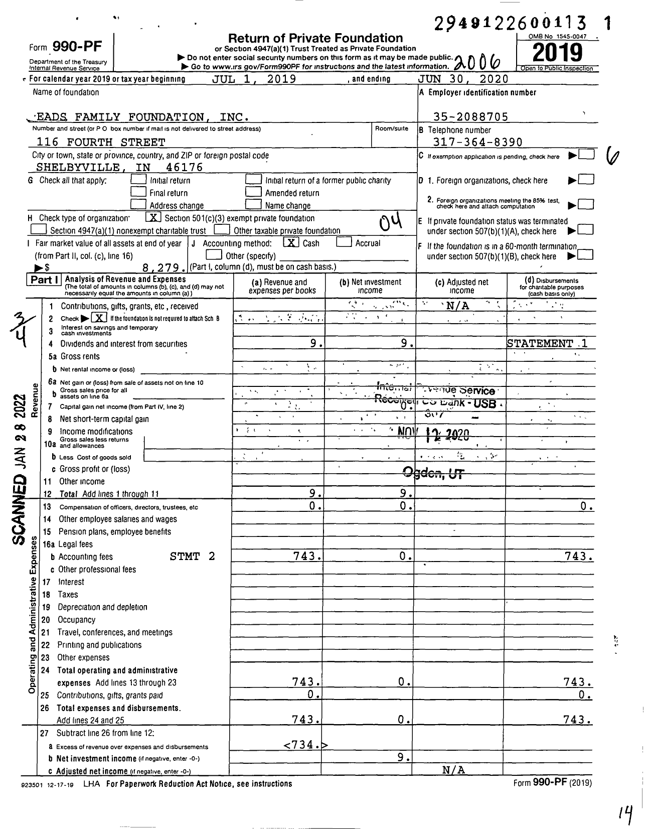 Image of first page of 2019 Form 990PF for Eads Family Foundation