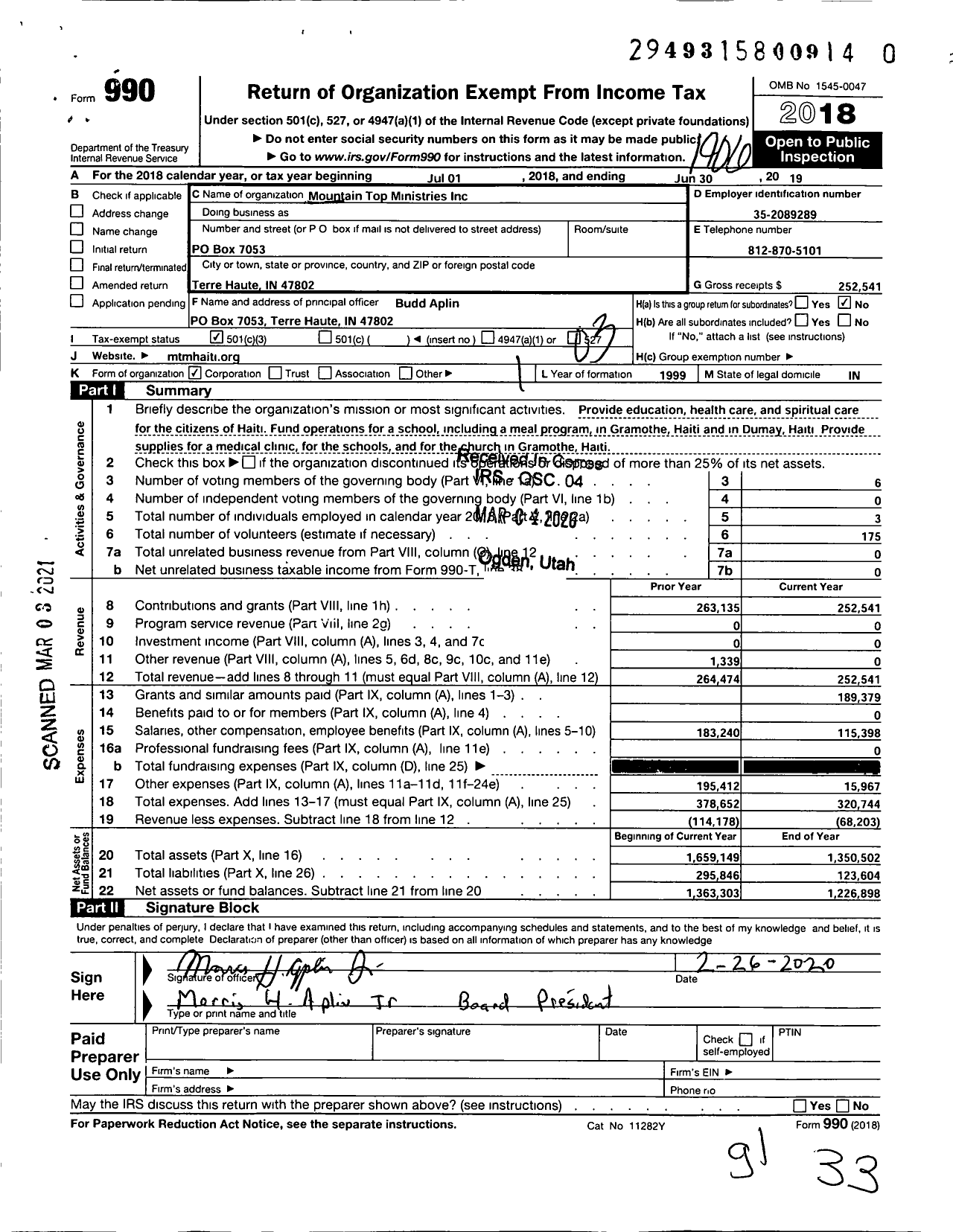 Image of first page of 2018 Form 990 for Mountain Top Ministries