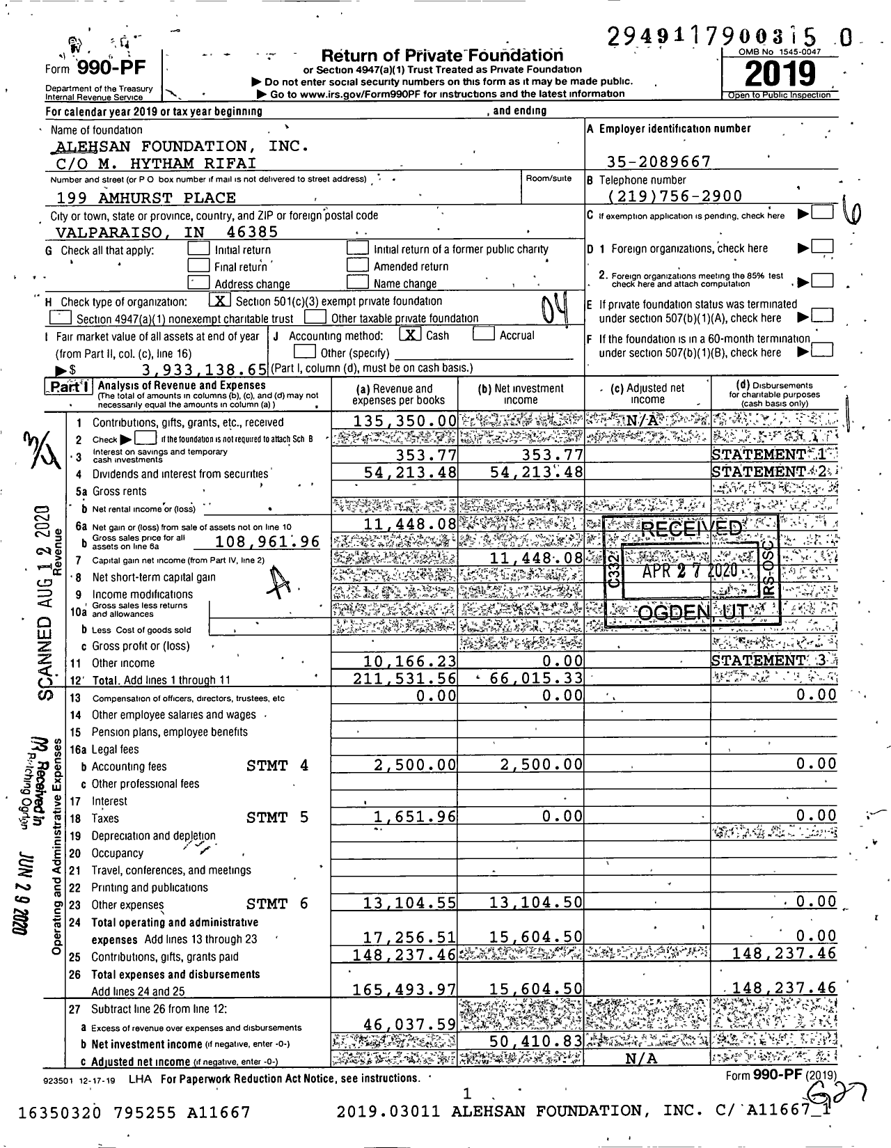 Image of first page of 2019 Form 990PR for Alehsan Foundation