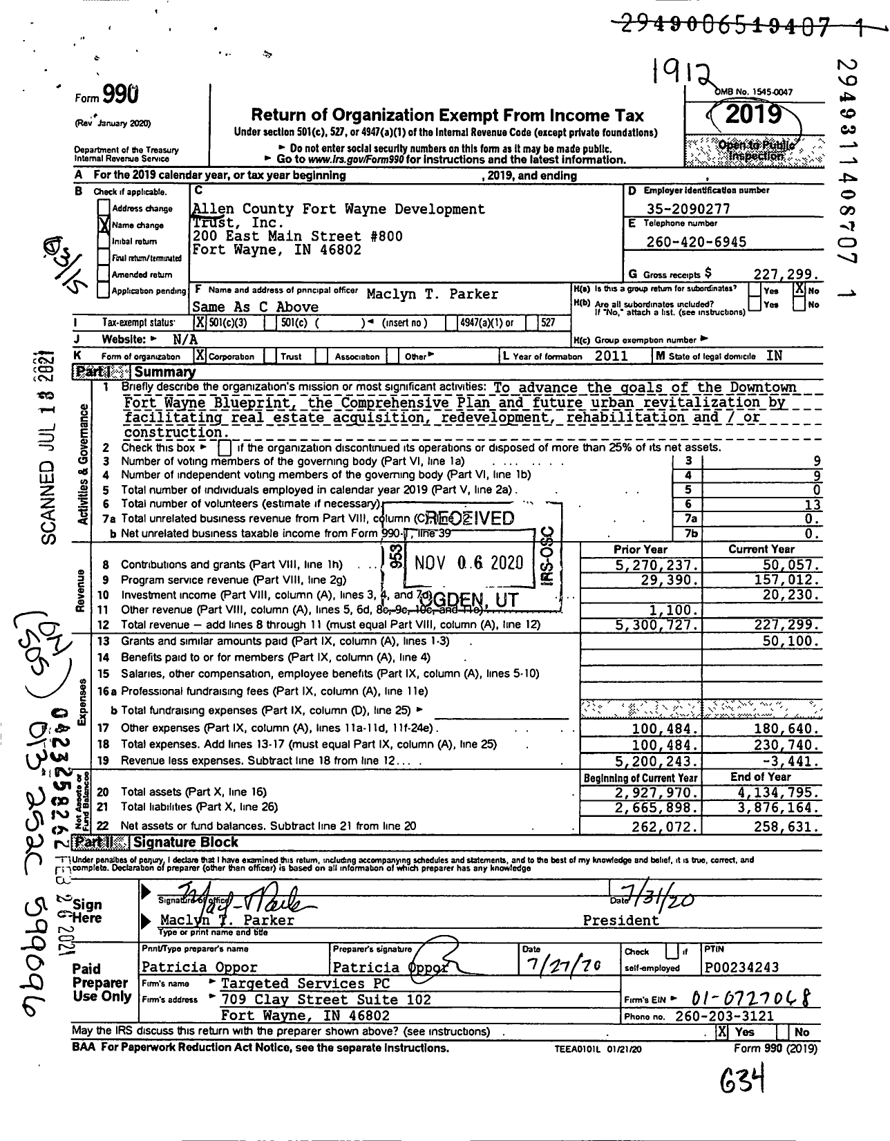 Image of first page of 2019 Form 990 for Allen County Fort Wayne Development Trust