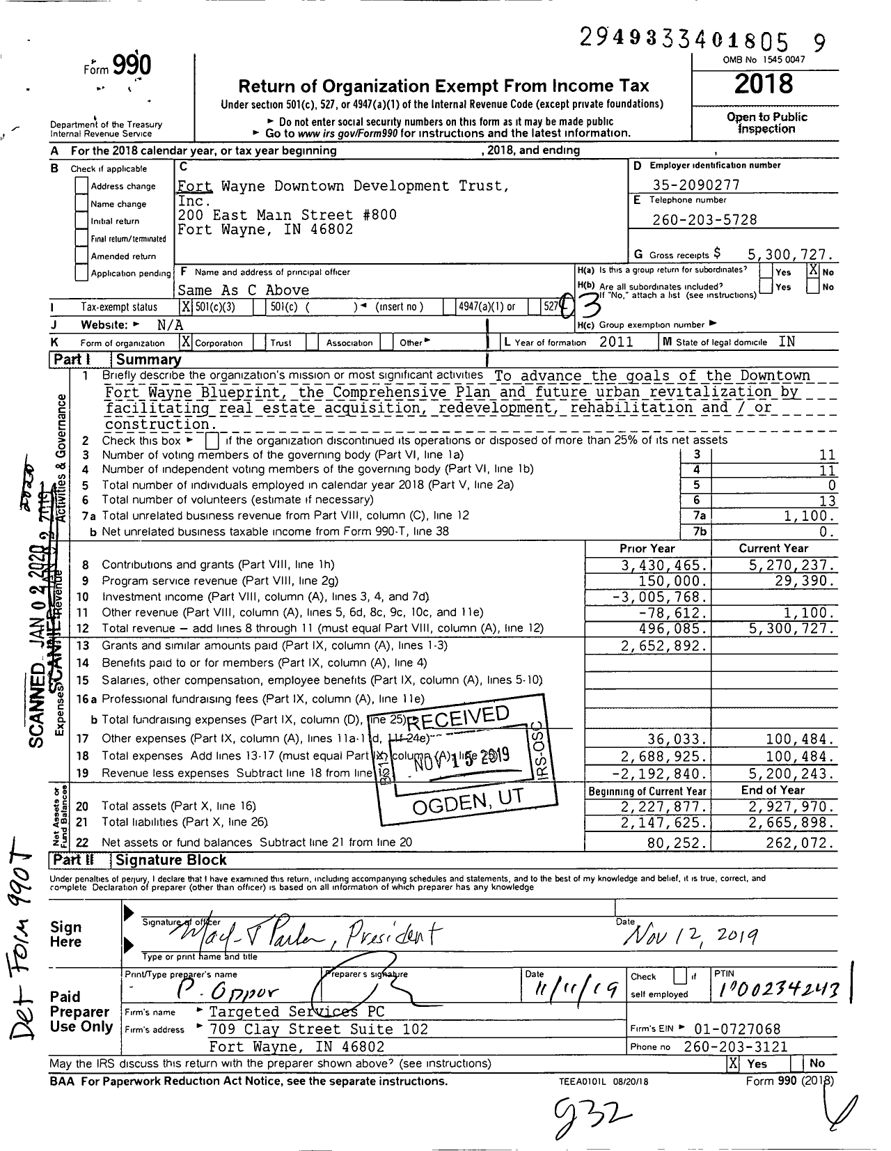 Image of first page of 2018 Form 990 for Allen County Fort Wayne Development Trust