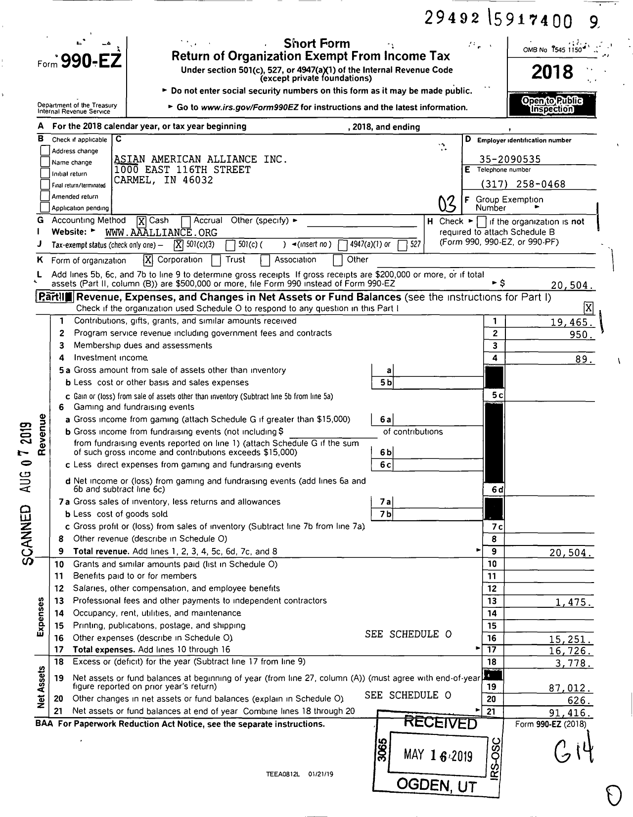 Image of first page of 2018 Form 990EZ for Asian American Alliance