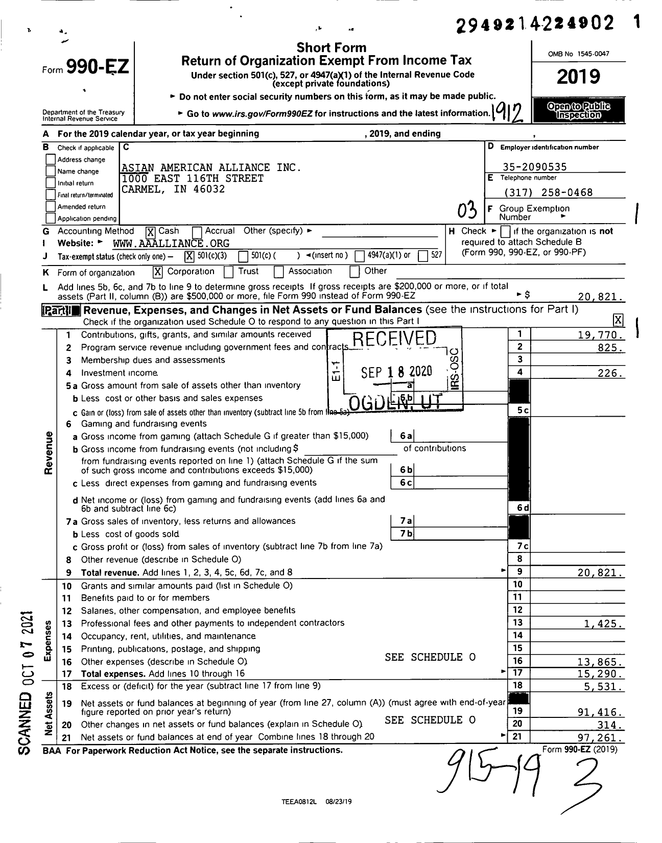 Image of first page of 2019 Form 990EZ for Asian American Alliance