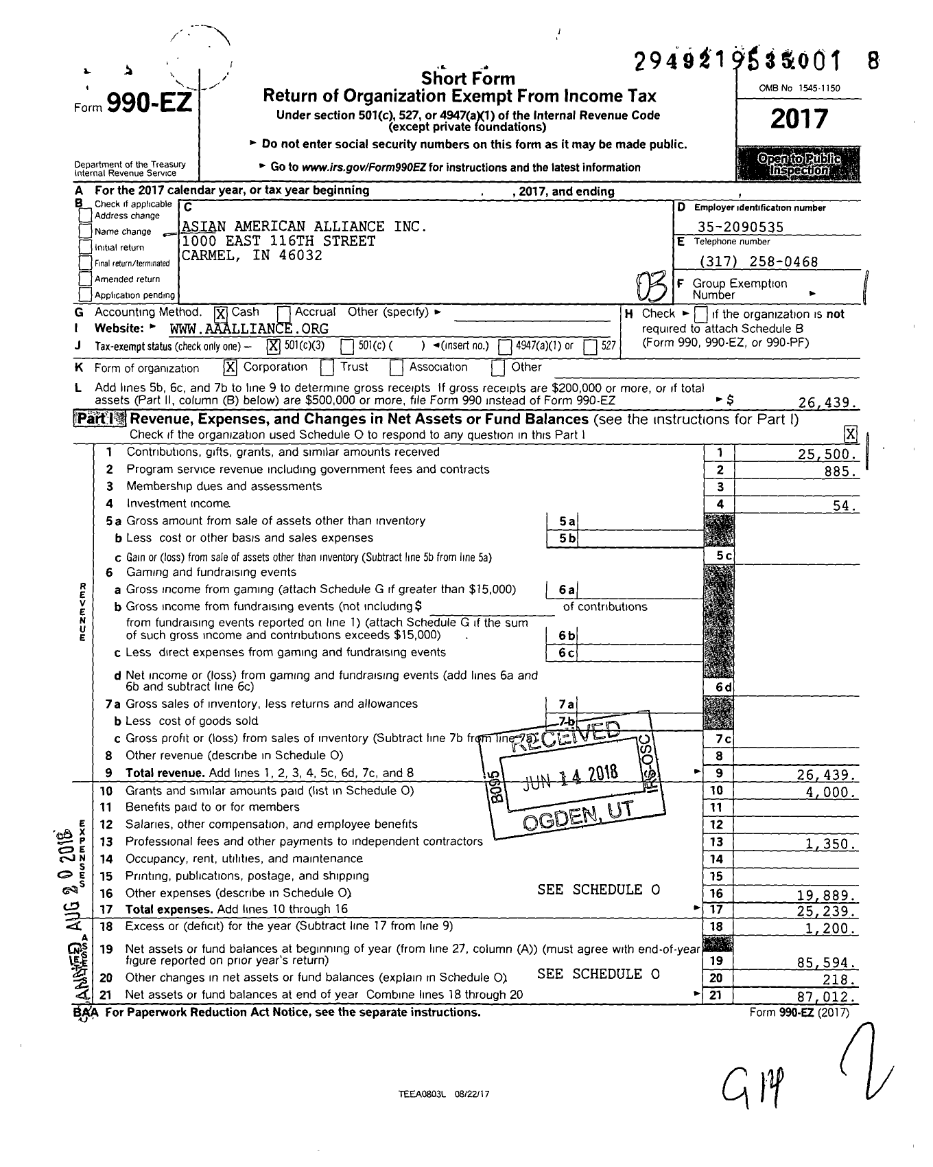 Image of first page of 2017 Form 990EZ for Asian American Alliance