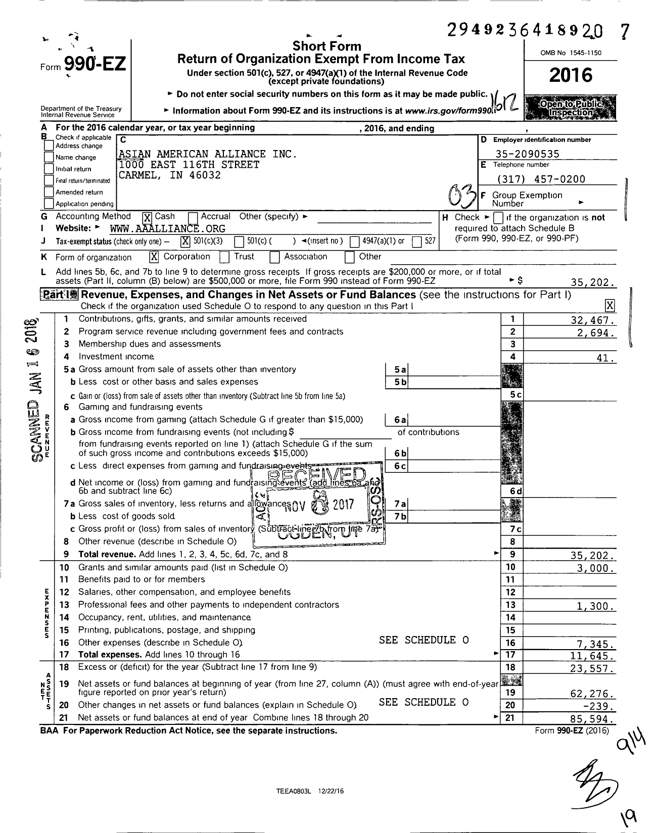 Image of first page of 2016 Form 990EZ for Asian American Alliance