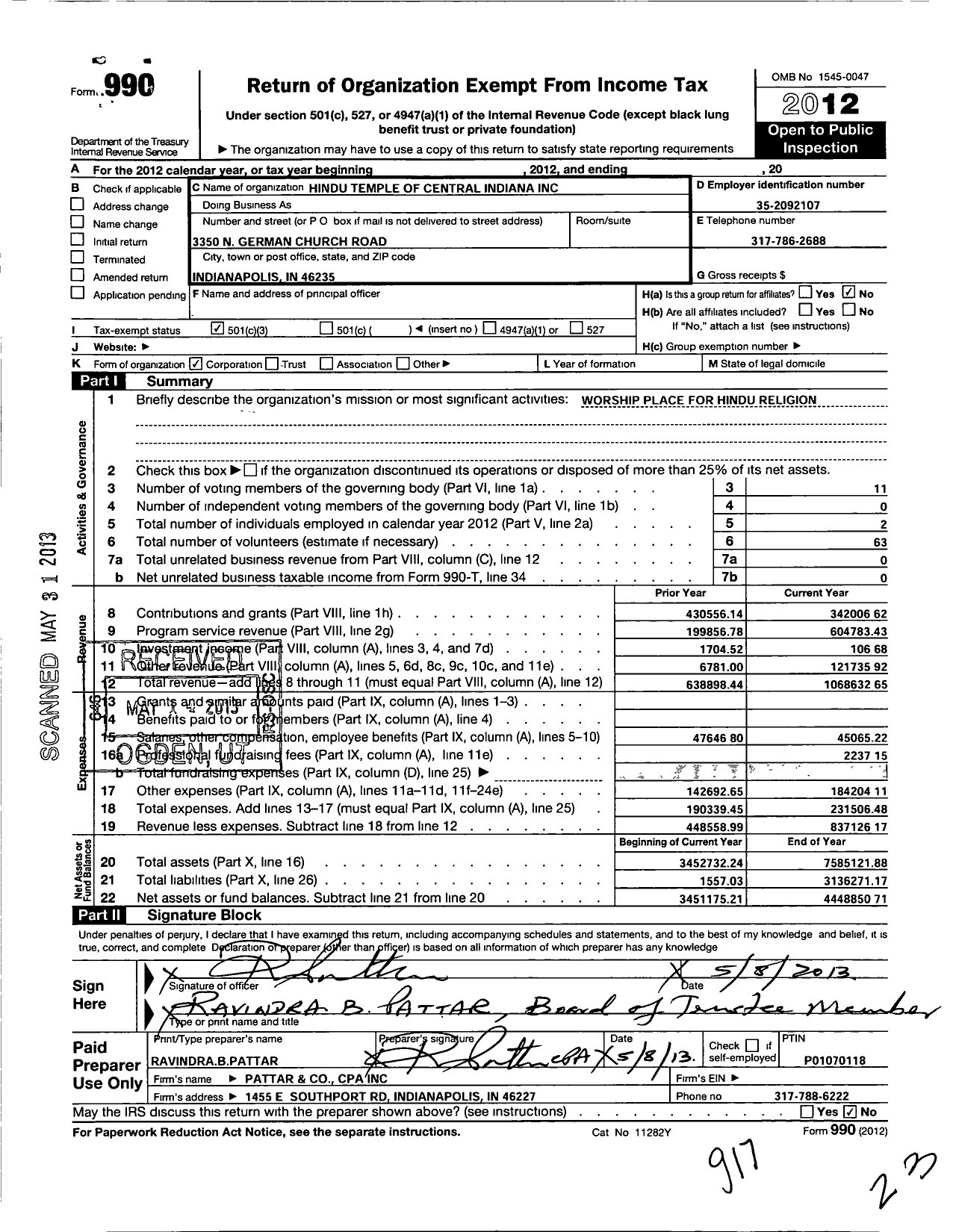 Image of first page of 2012 Form 990 for Hindu Temple of Central Indiana