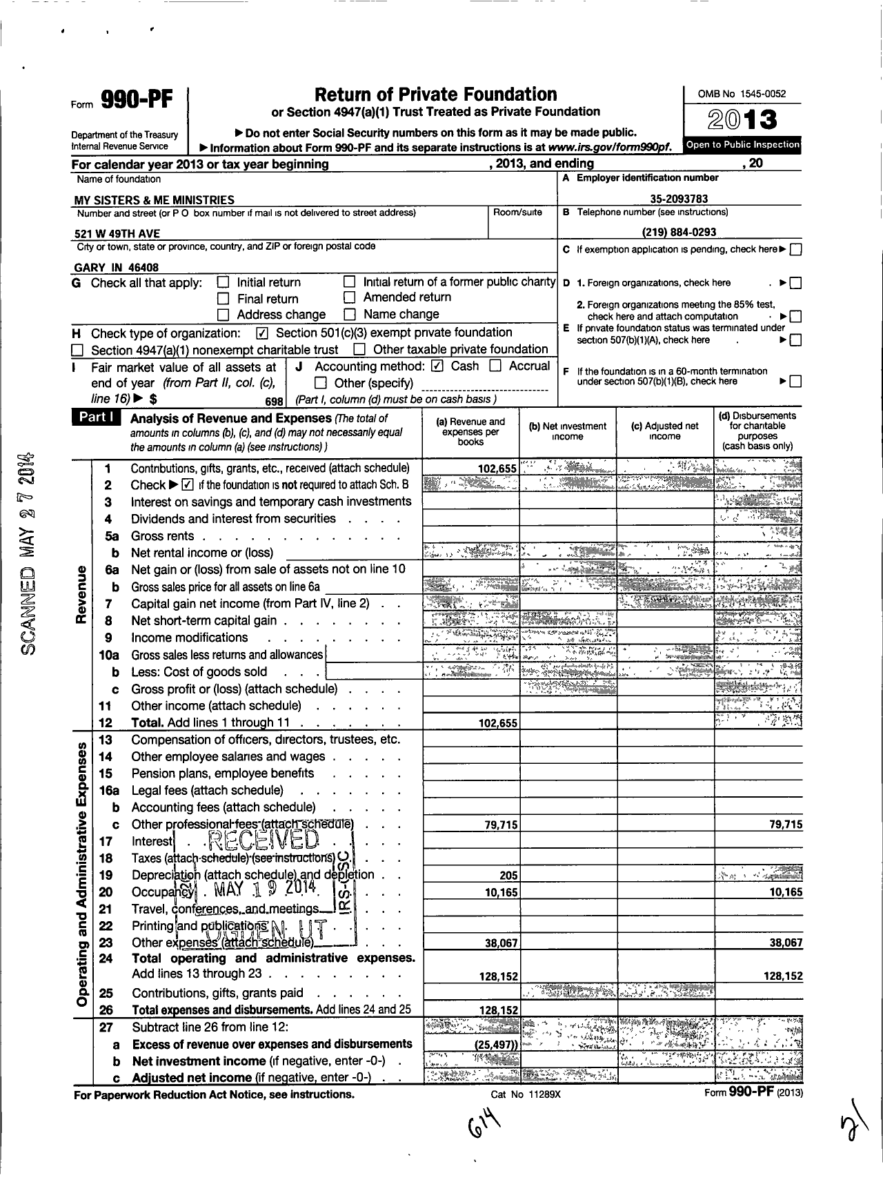 Image of first page of 2013 Form 990PF for My Sisteries and Me Ministries