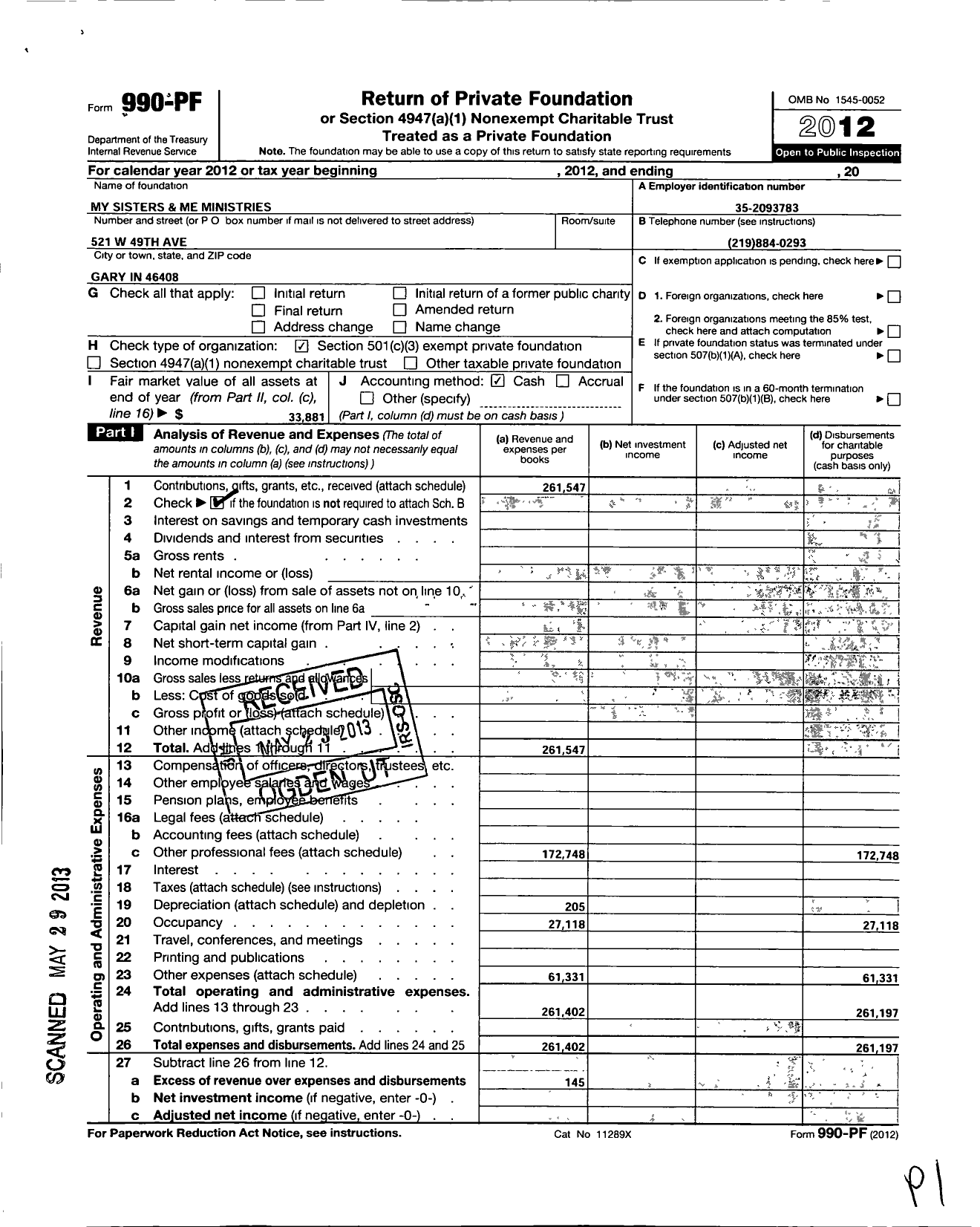 Image of first page of 2012 Form 990PF for My Sisteries and Me Ministries