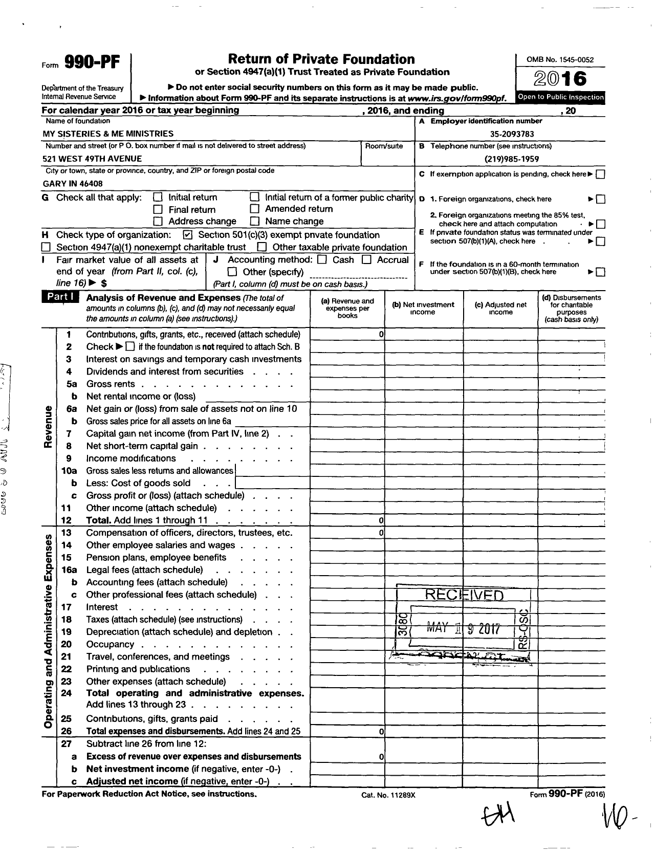 Image of first page of 2016 Form 990PF for My Sisteries and Me Ministries